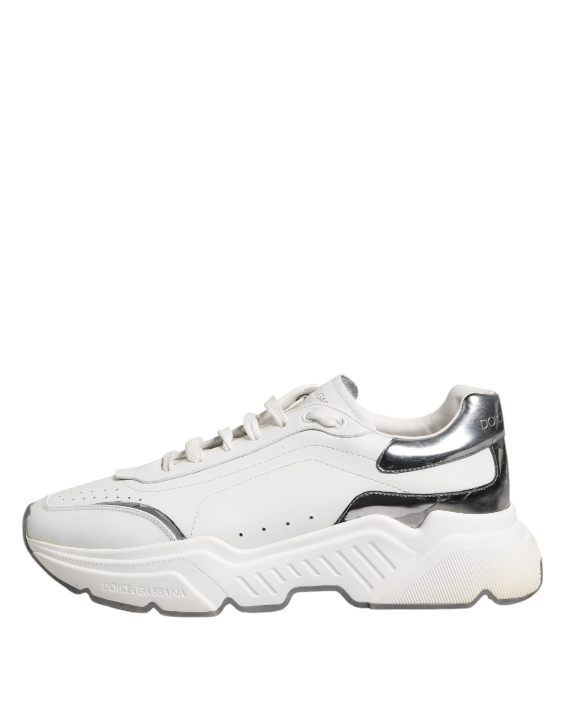 A pair of white leather sneakers with black accents, featuring the Dolce & Gabbana logo