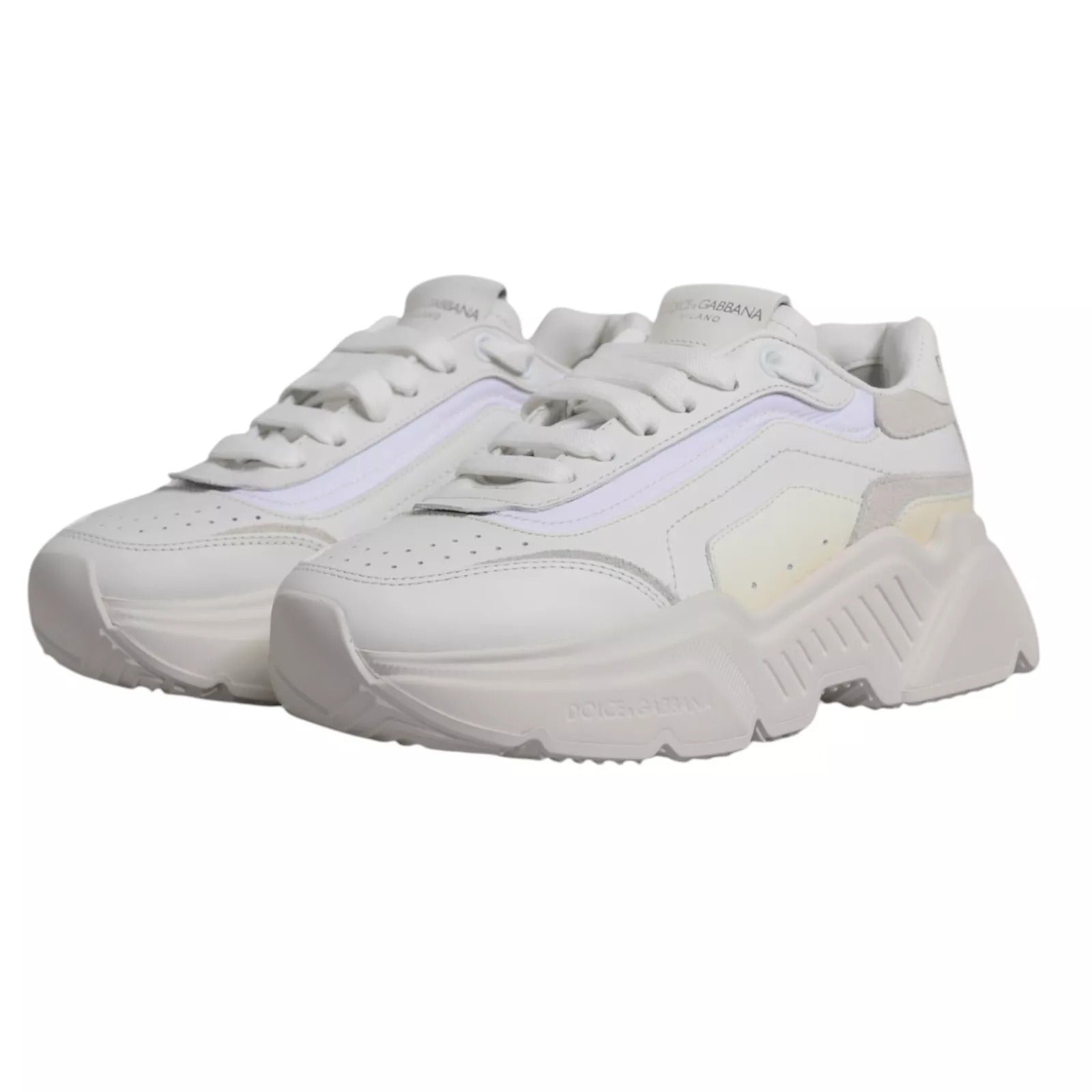 Pair of white sneakers with laces, featuring a low top and a logo on the side