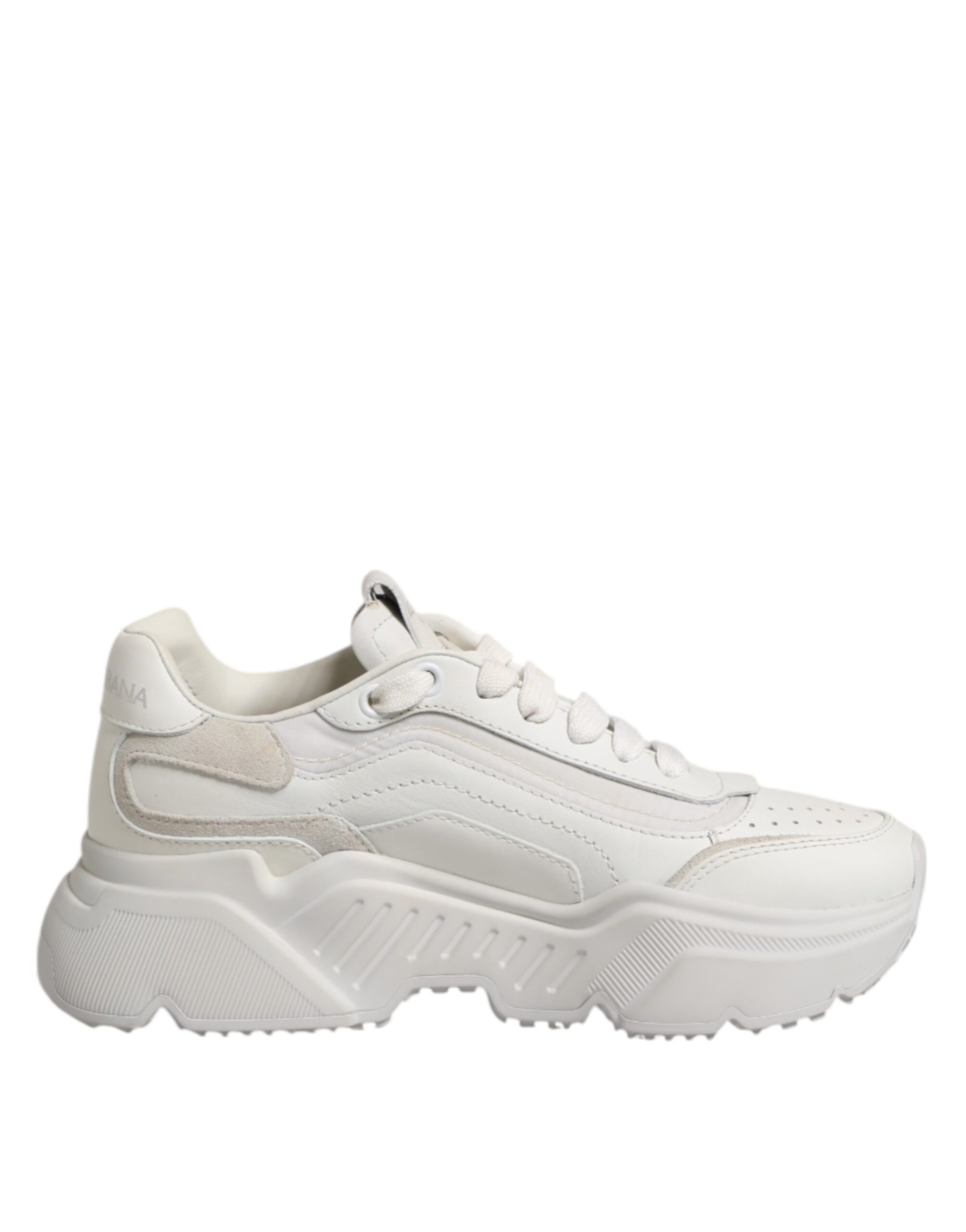 A pair of white sneakers with a low top, featuring a chunky sole and laces