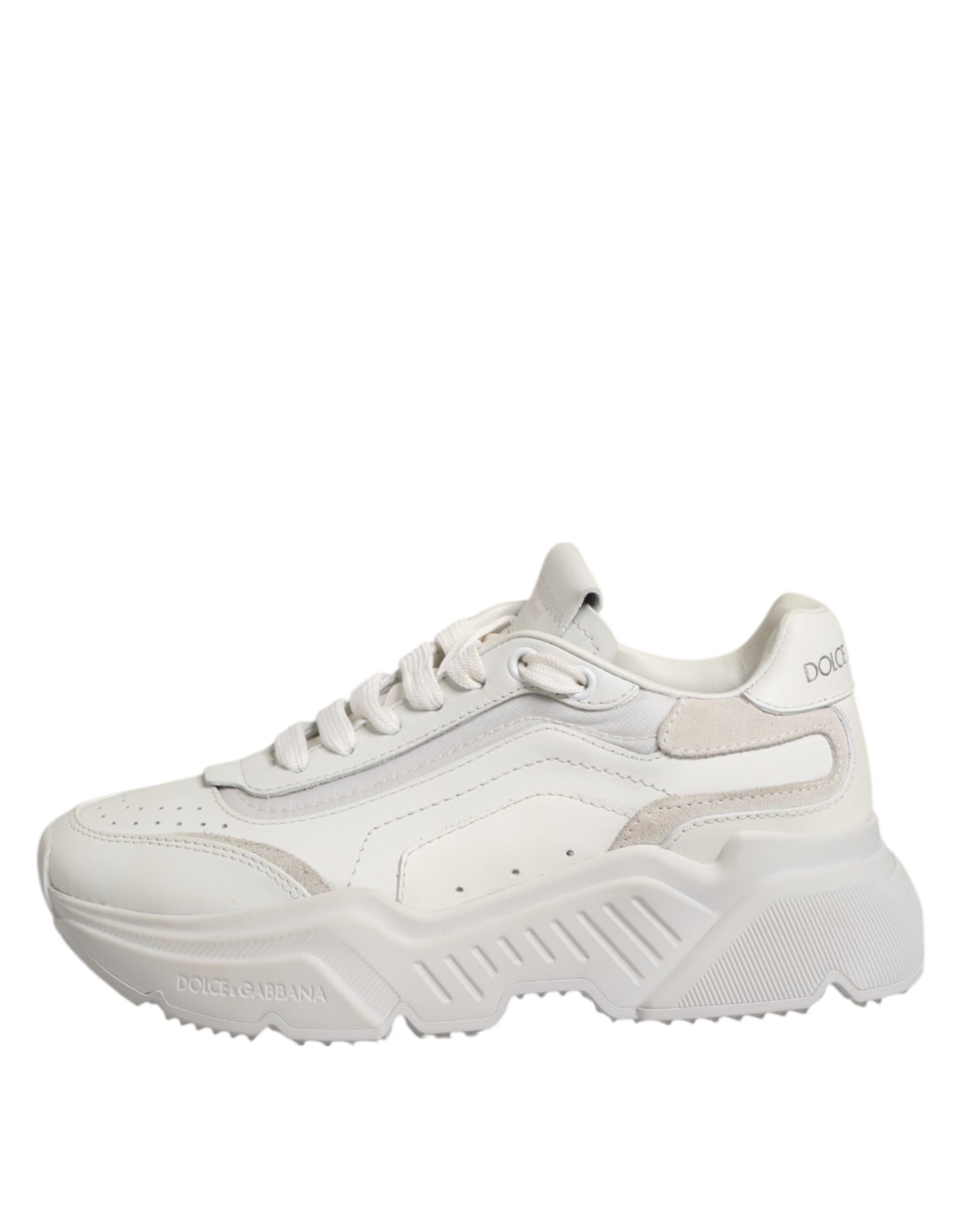 A pair of white sneakers with a low top, featuring a logo on the side and a lace-up front