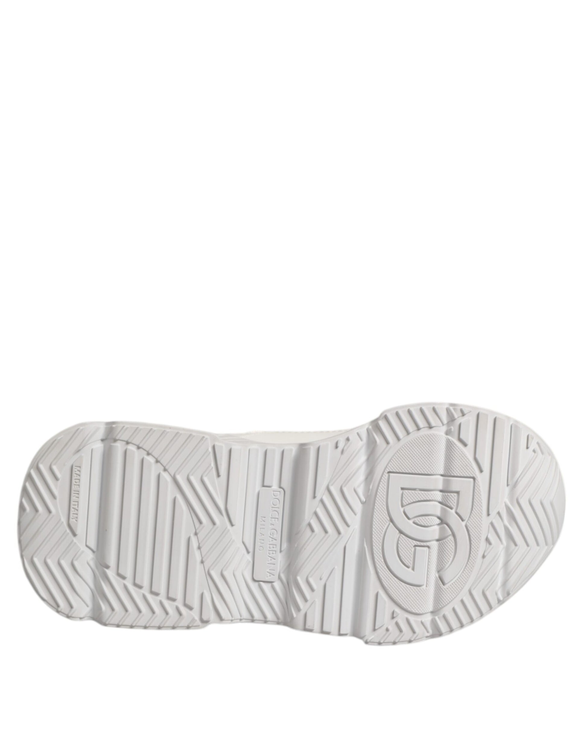 A white sneaker with a low top, featuring a textured sole and the brand name "D&G" on the side