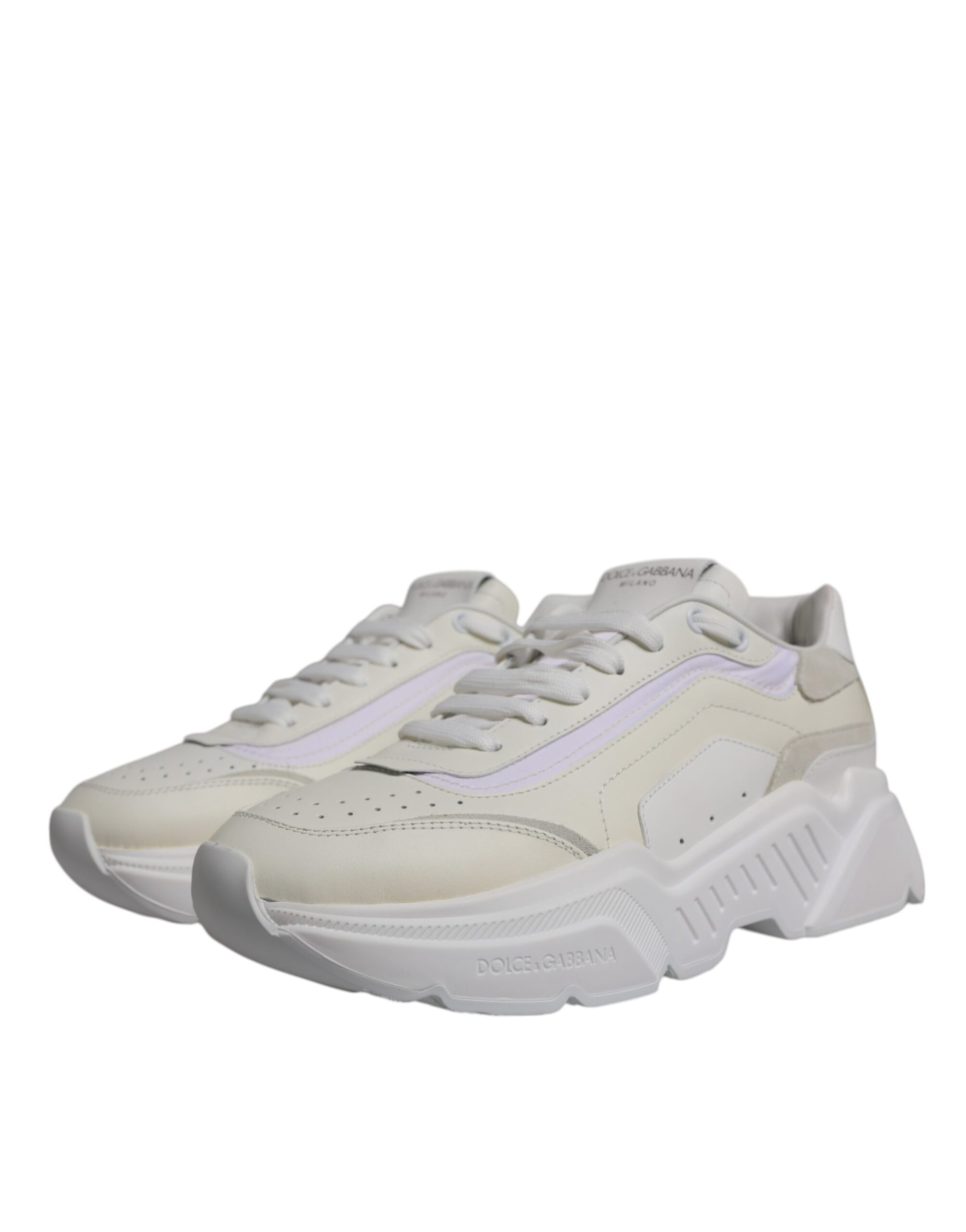 Tan and white sneakers with laces, branded logo on side