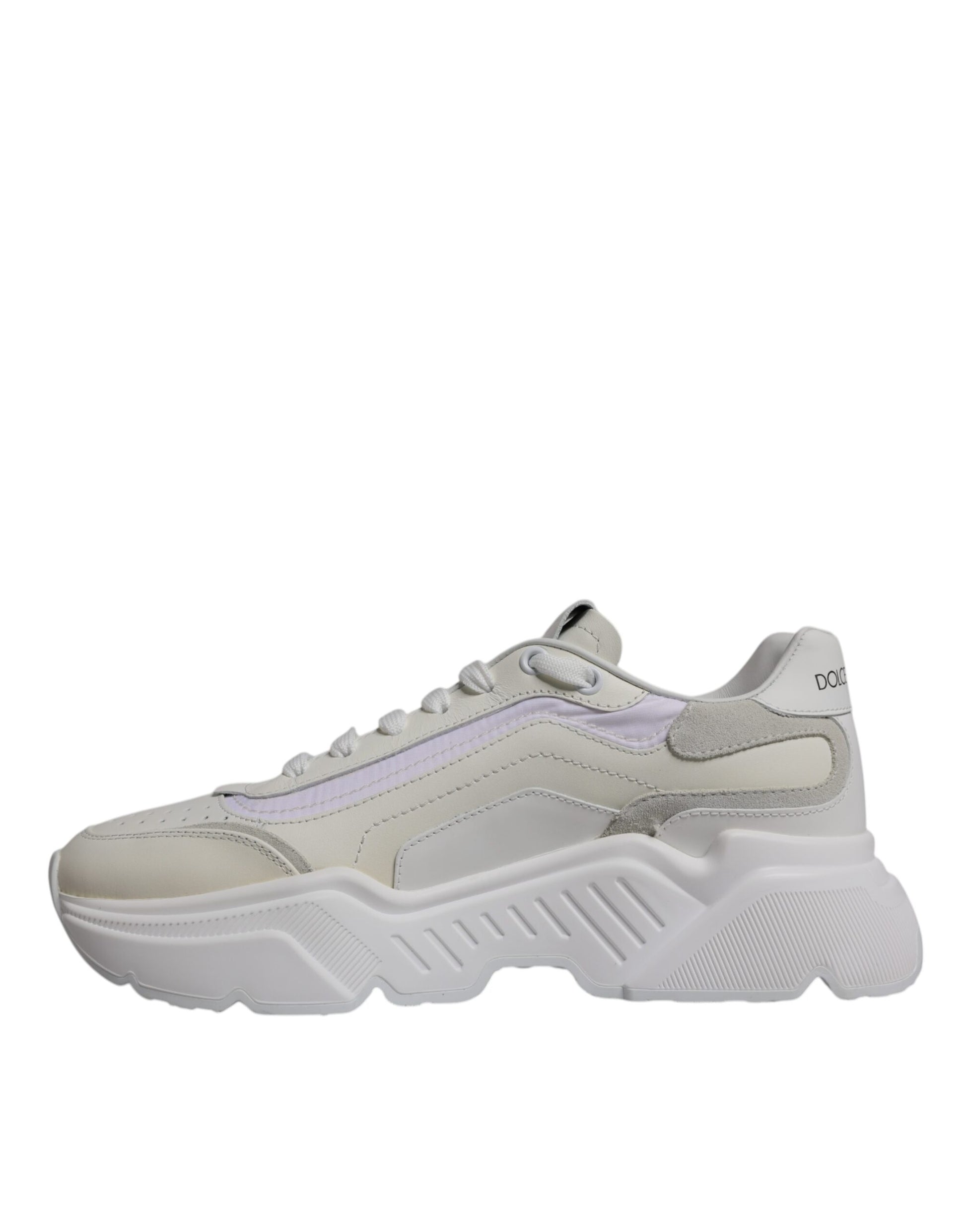 A pair of white sneakers with a low top, featuring a lace-up closure and a chunky sole design