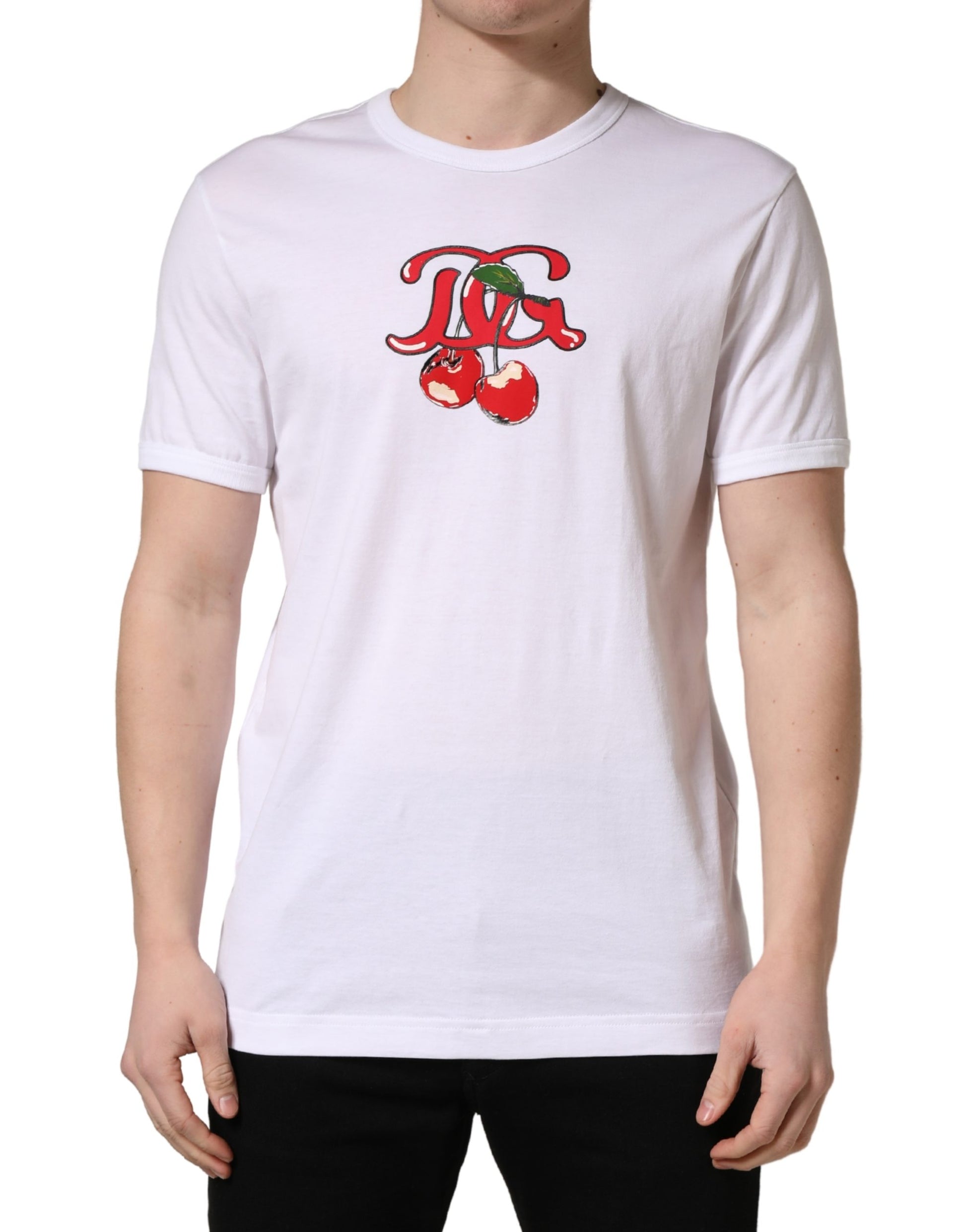 White t-shirt with red logo on front