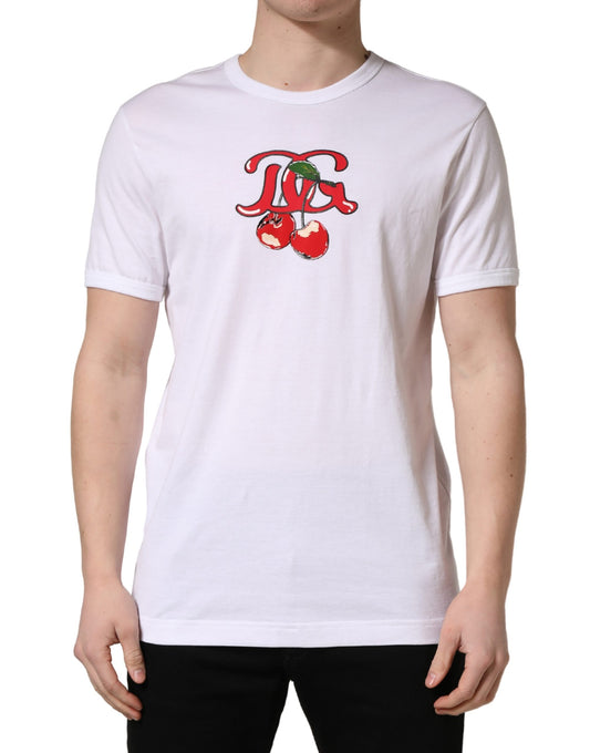 White t-shirt with red logo on front