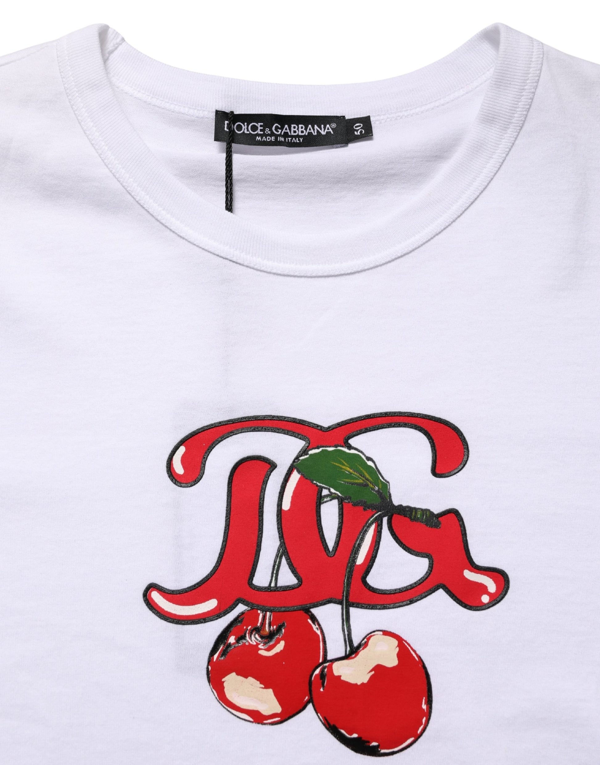 White t-shirt with red cherries on front
