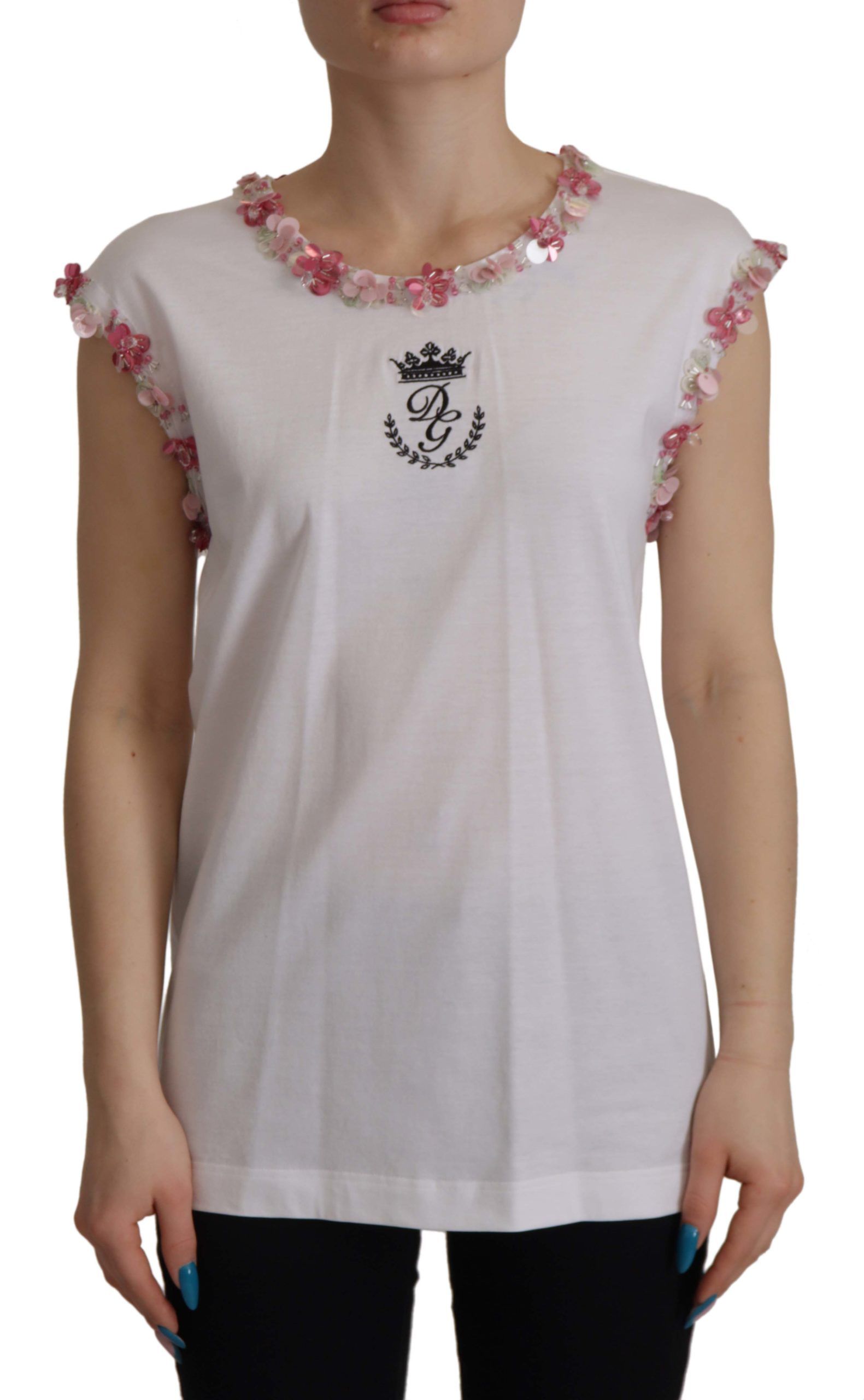 White sleeveless shirt with floral embroidery on neckline