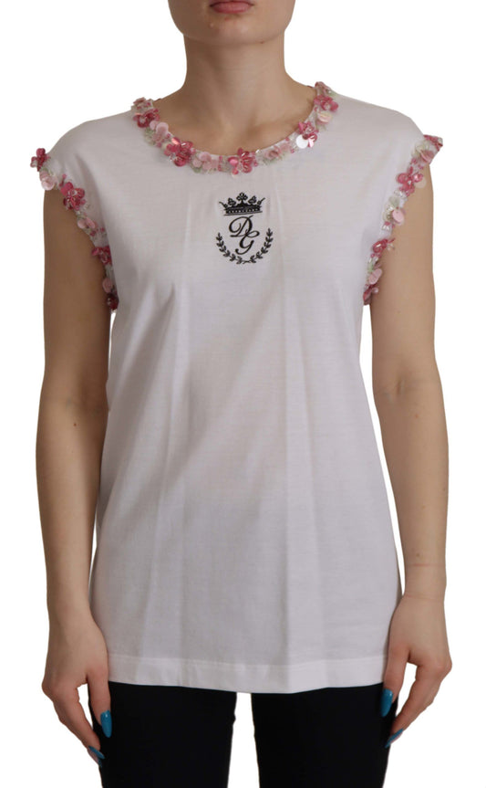 White sleeveless shirt with floral embroidery on neckline