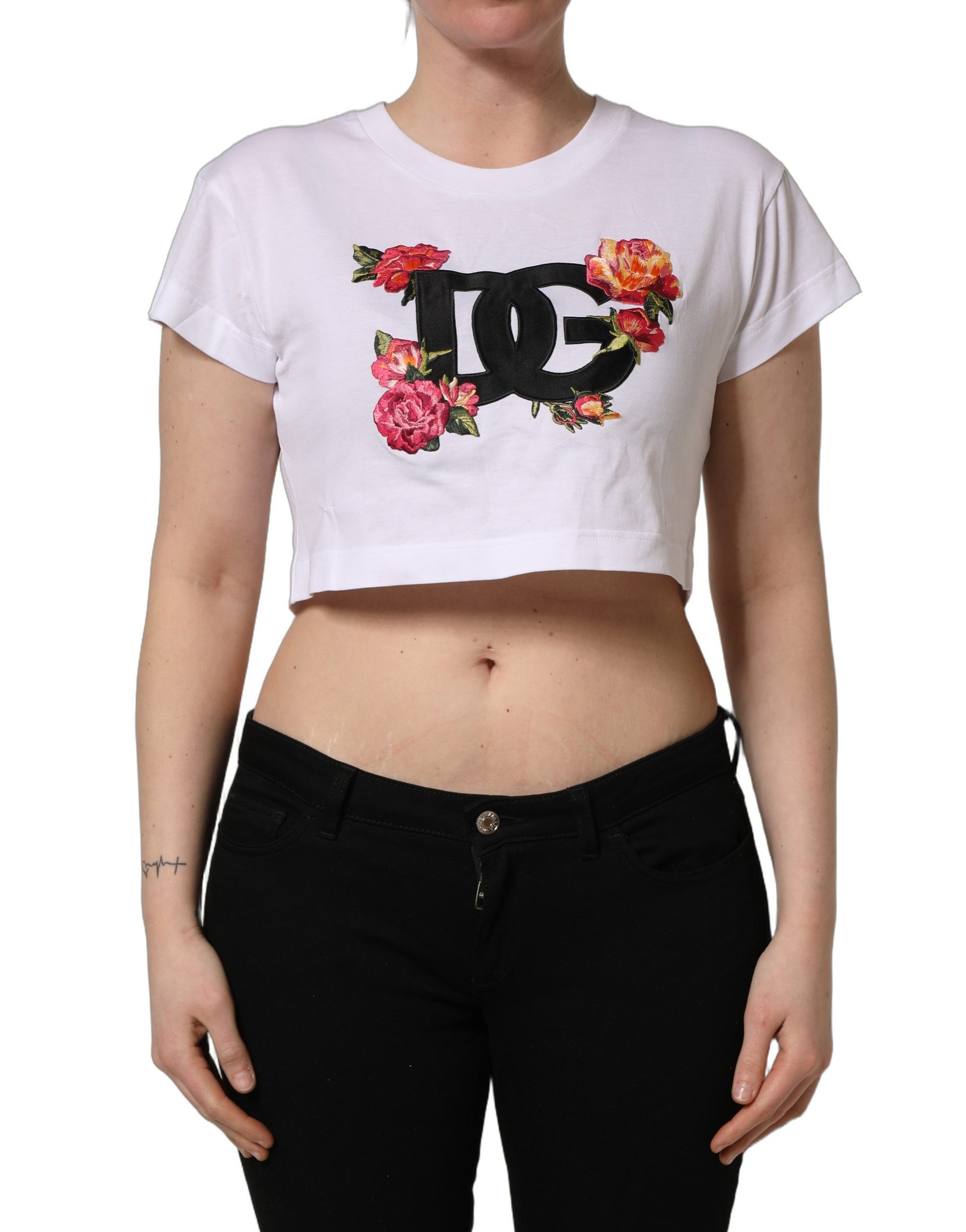 White crop t-shirt with floral print on front, featuring the D&G logo