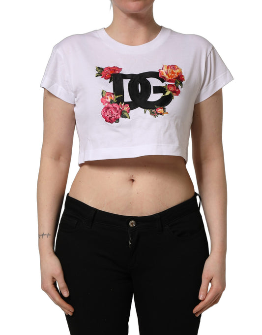 White crop t-shirt with floral print on front, featuring the D&G logo