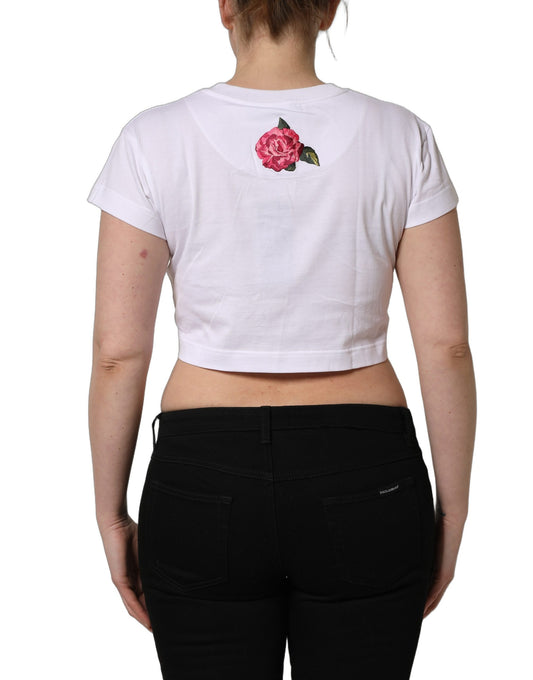 White crop t-shirt with floral print on back, cotton jersey material