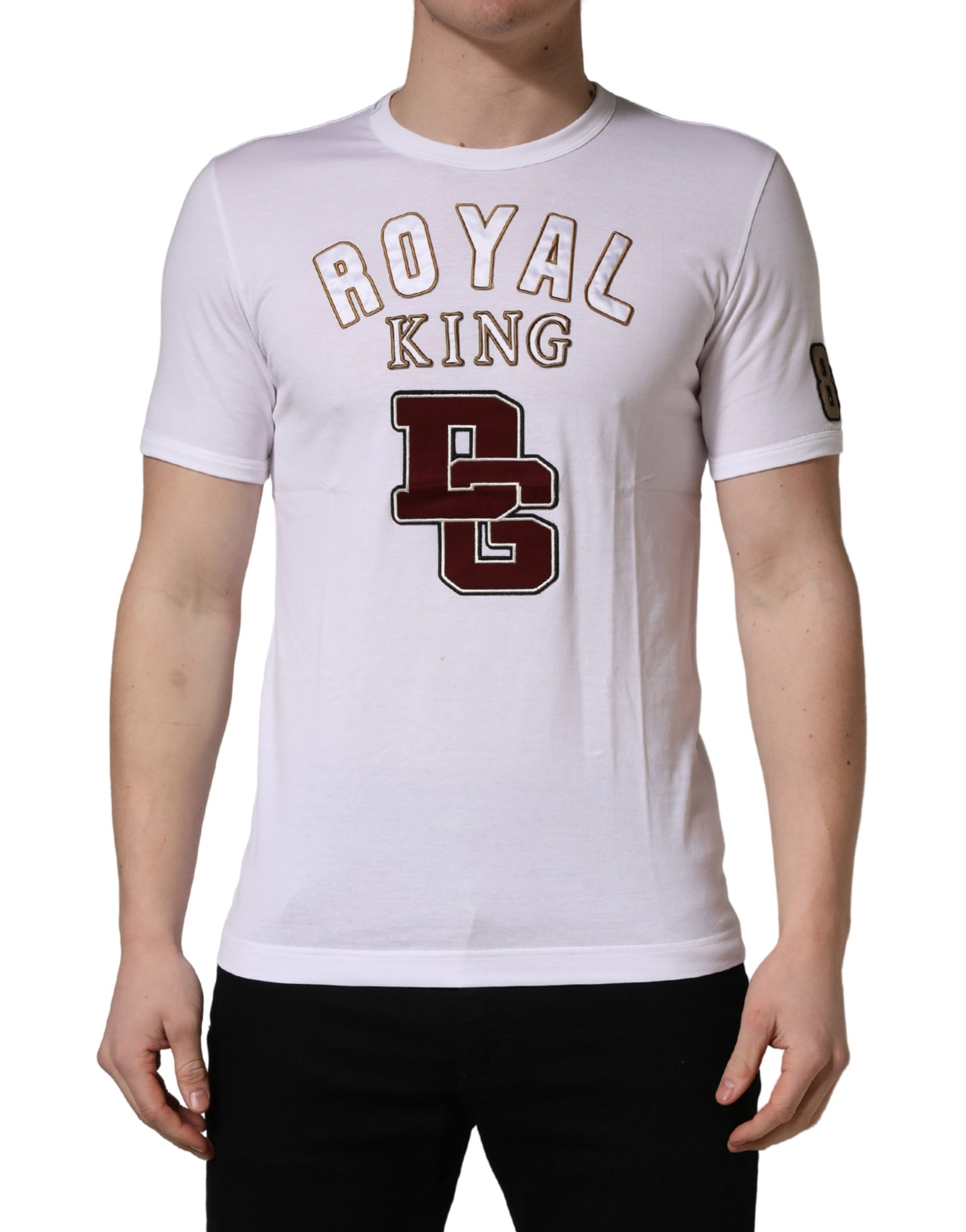 White t-shirt with royal king printed on front