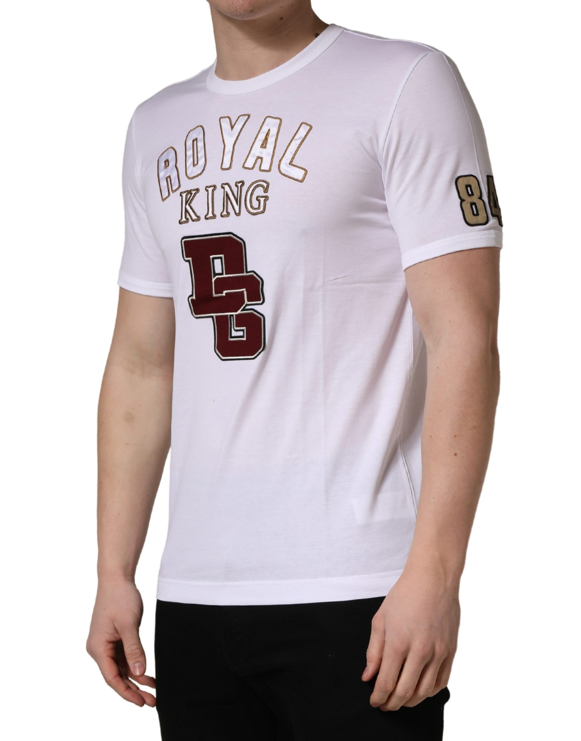 White t-shirt with royal king logo on front