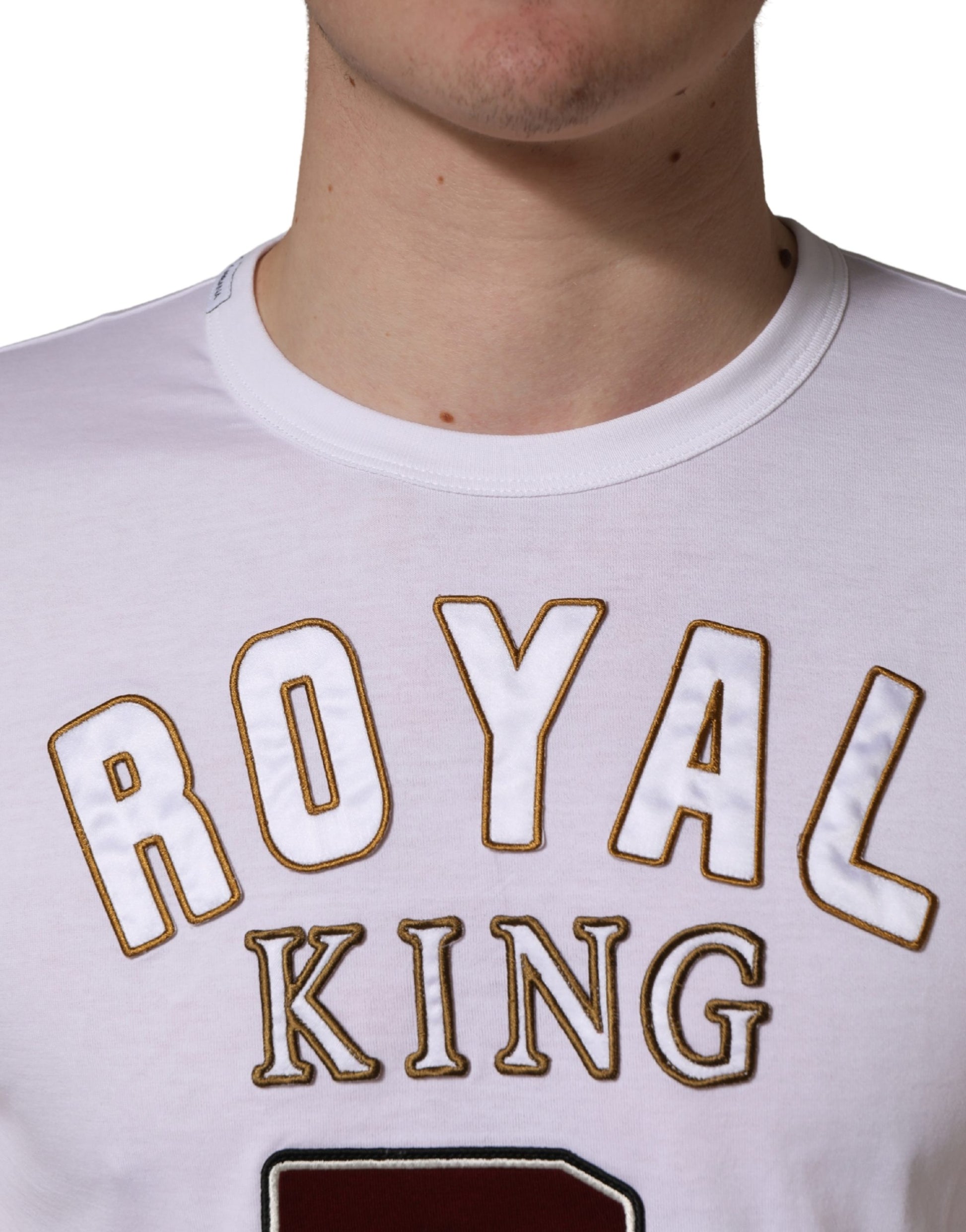 White t-shirt with Royal King printed on front