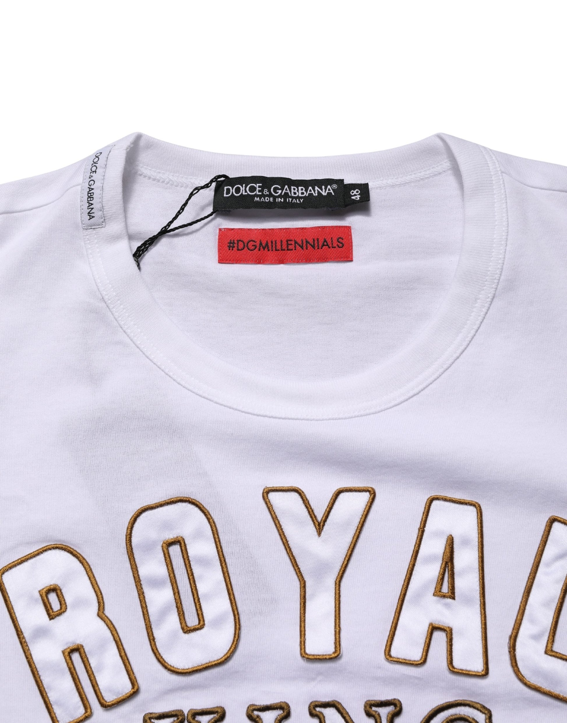 White t-shirt with gold lettering