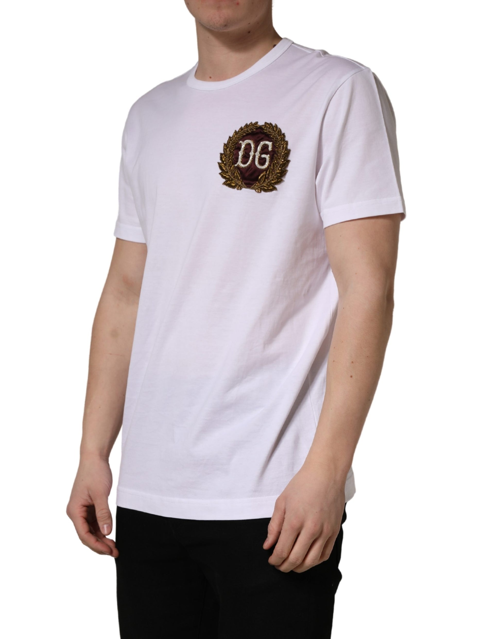 White t-shirt with brown logo on front