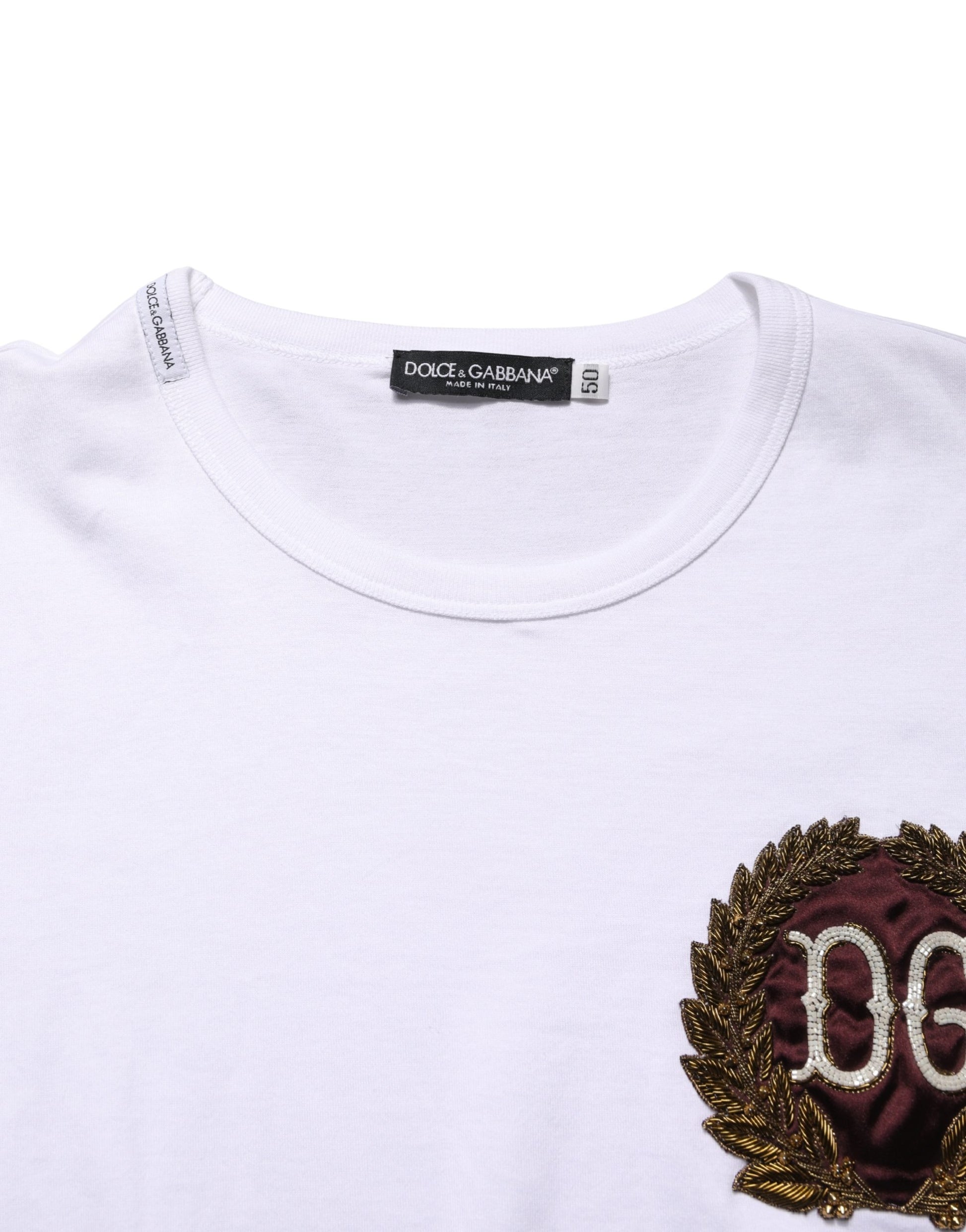 White t-shirt with embroidered design on front