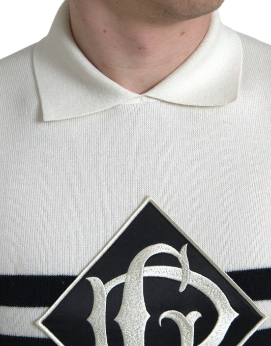 White polo shirt with black logo on chest