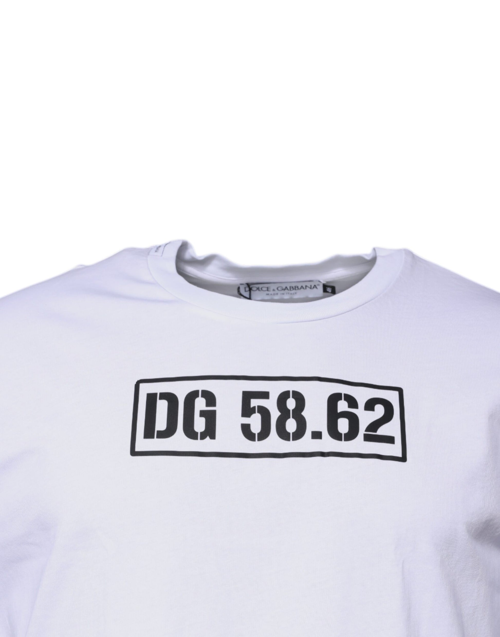 White t-shirt with black numbers and letters on front