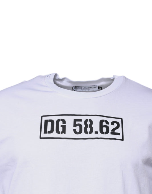White t-shirt with black numbers and letters on front