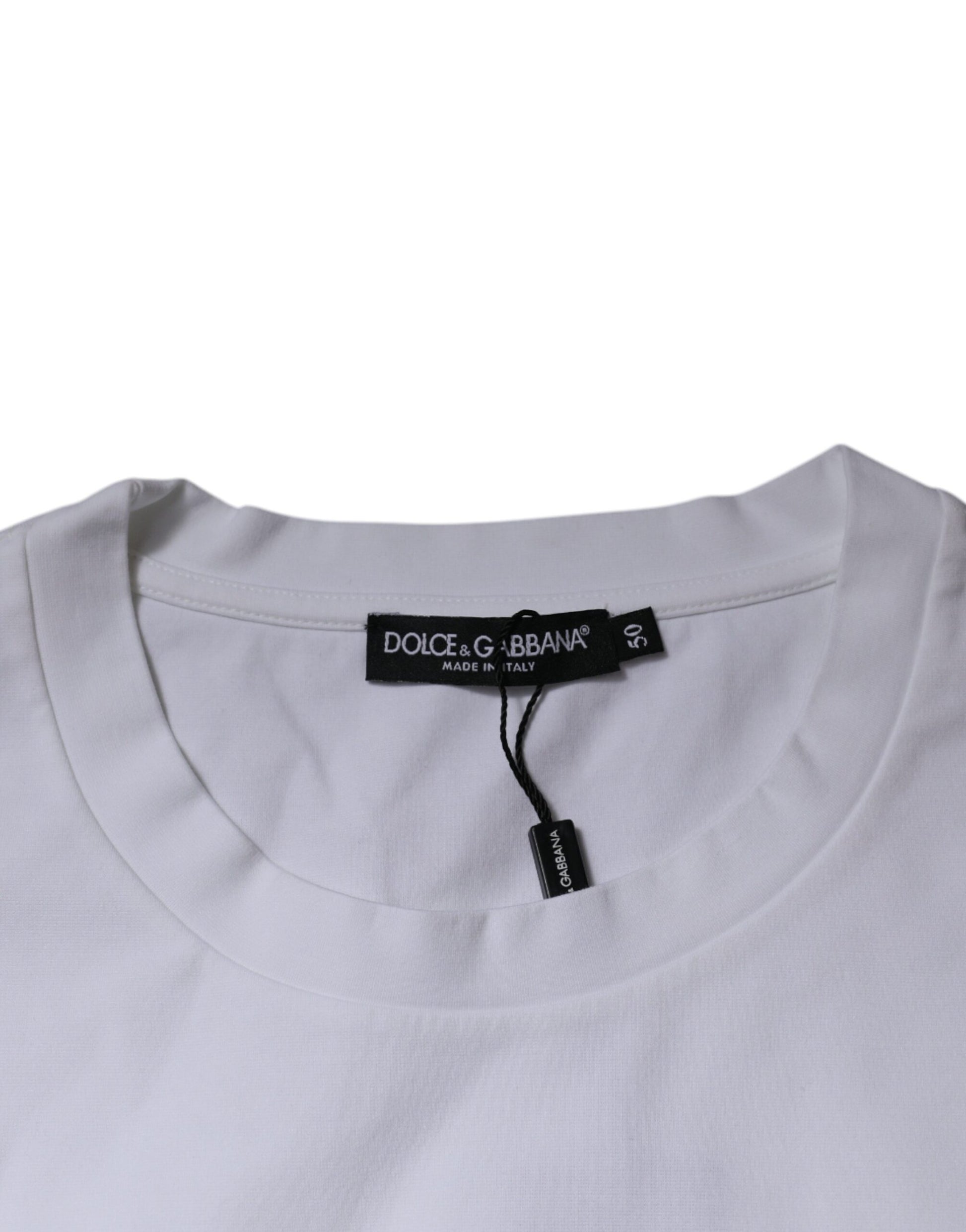 White t-shirt with black label