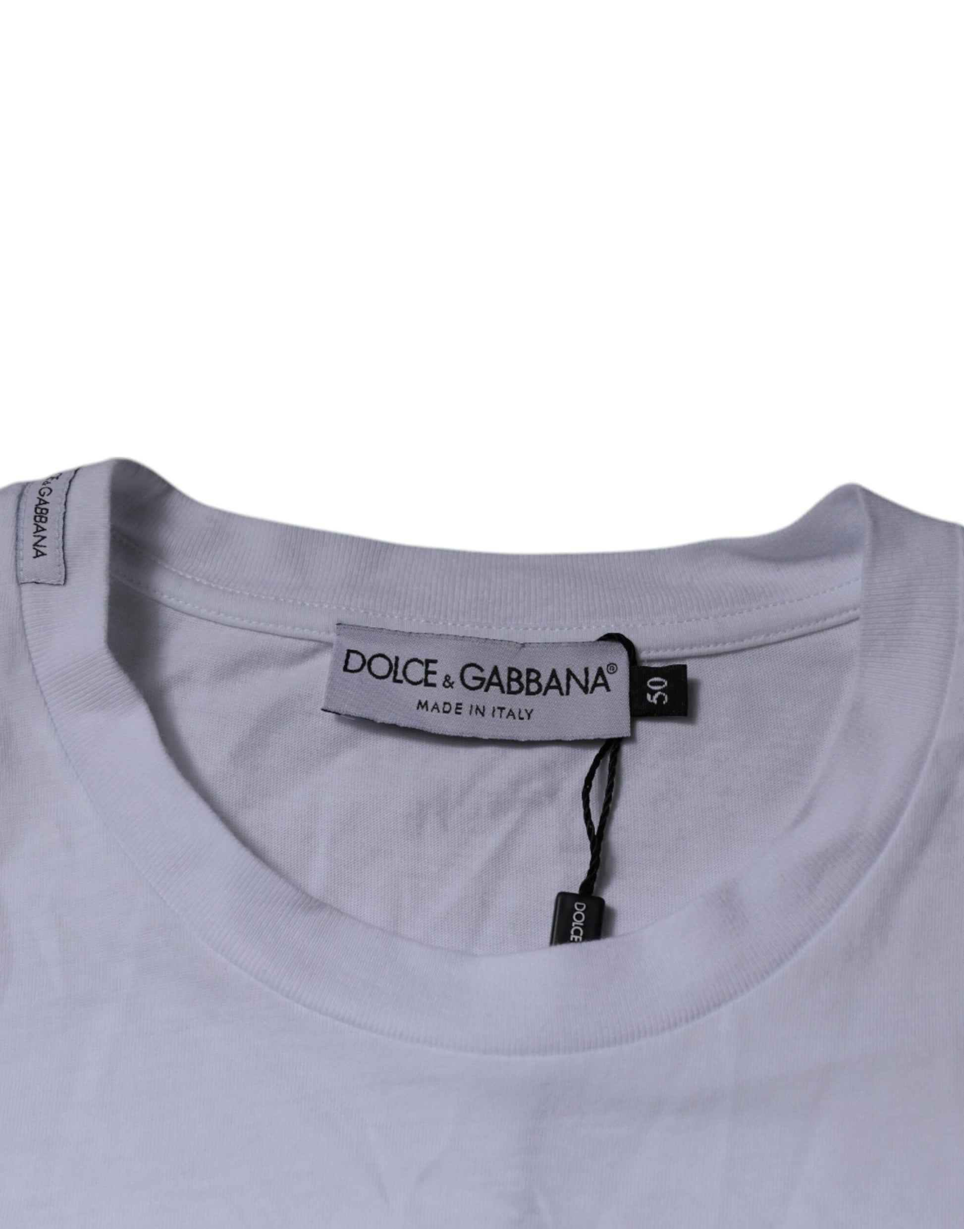 White t-shirt with black label