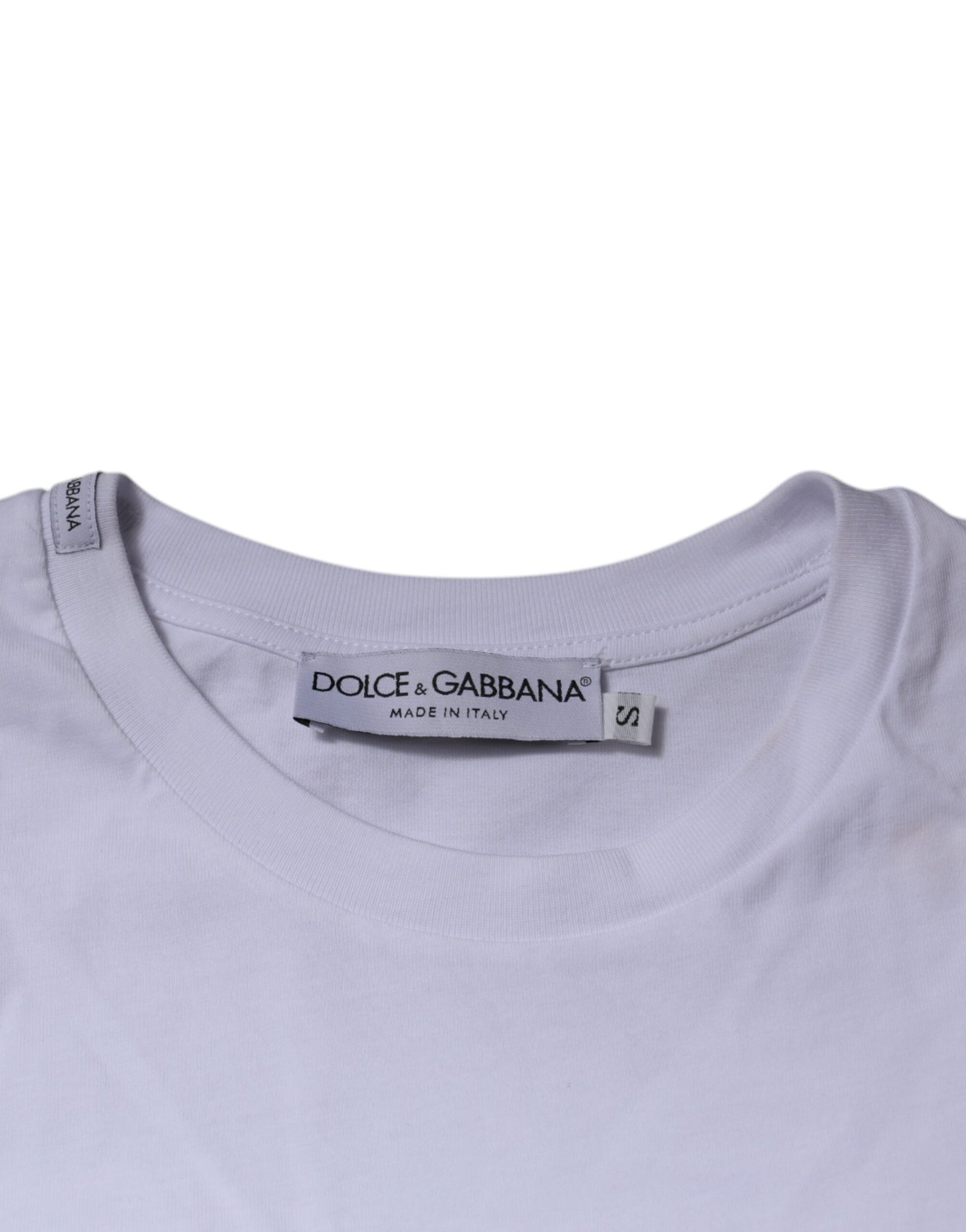White t-shirt with black logo tag