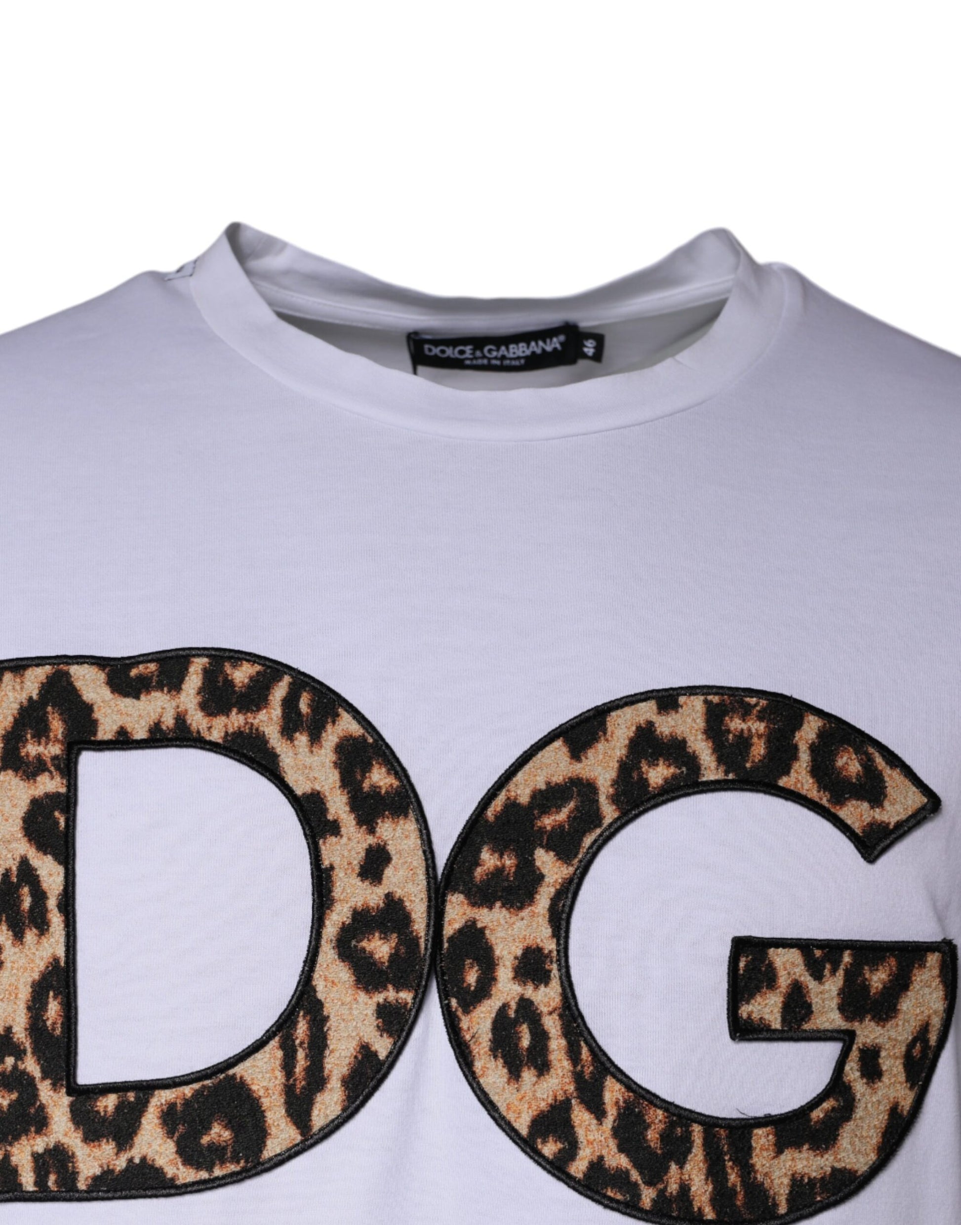 White t-shirt with leopard print letters spelling DG