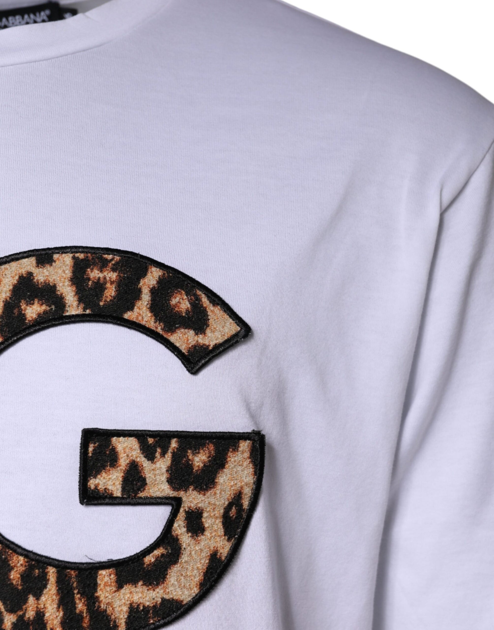 White t-shirt with a leopard print letter G on front