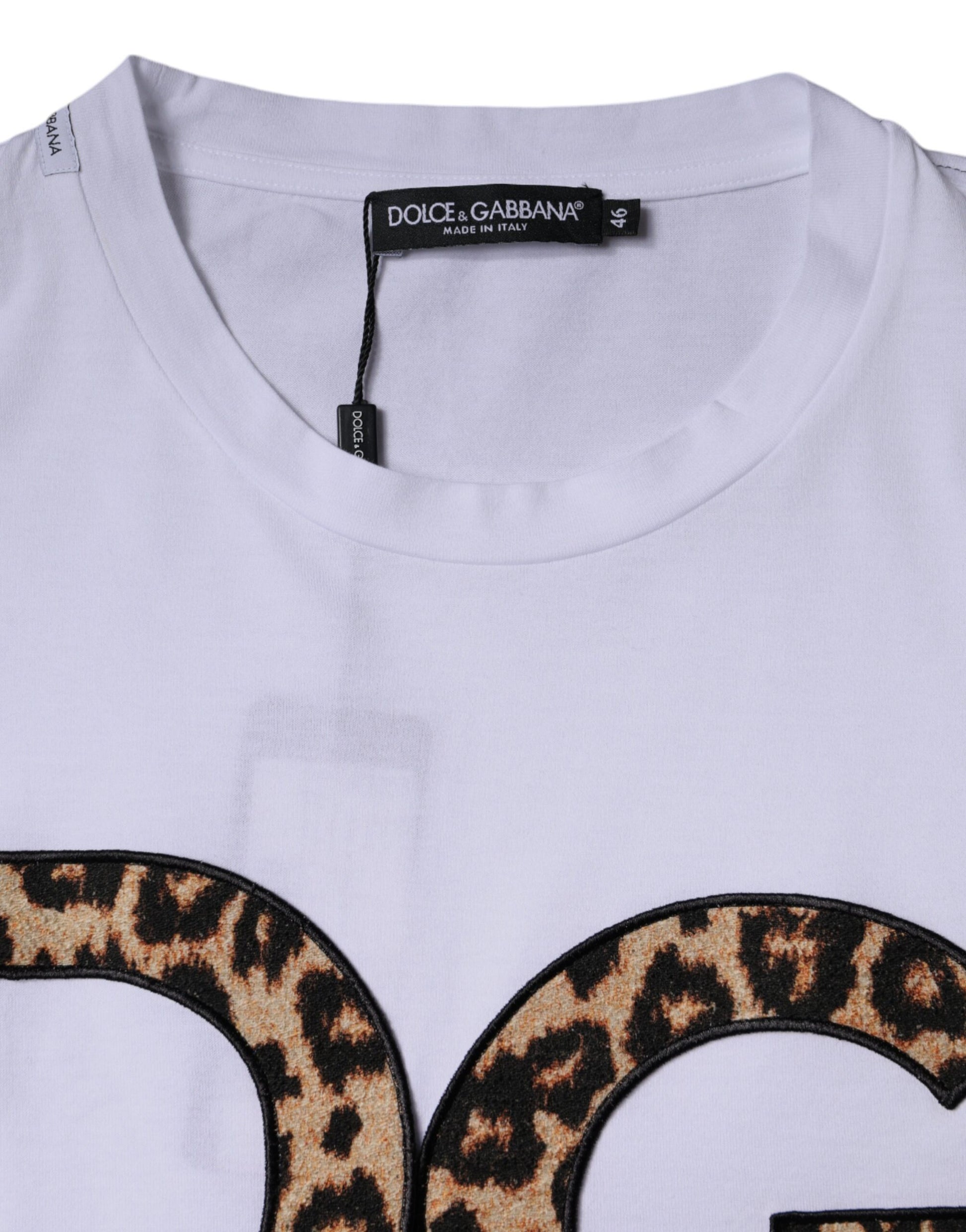 White t-shirt with leopard print logo on front