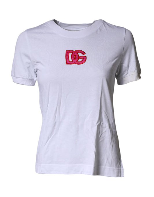 White t-shirt with red logo on front