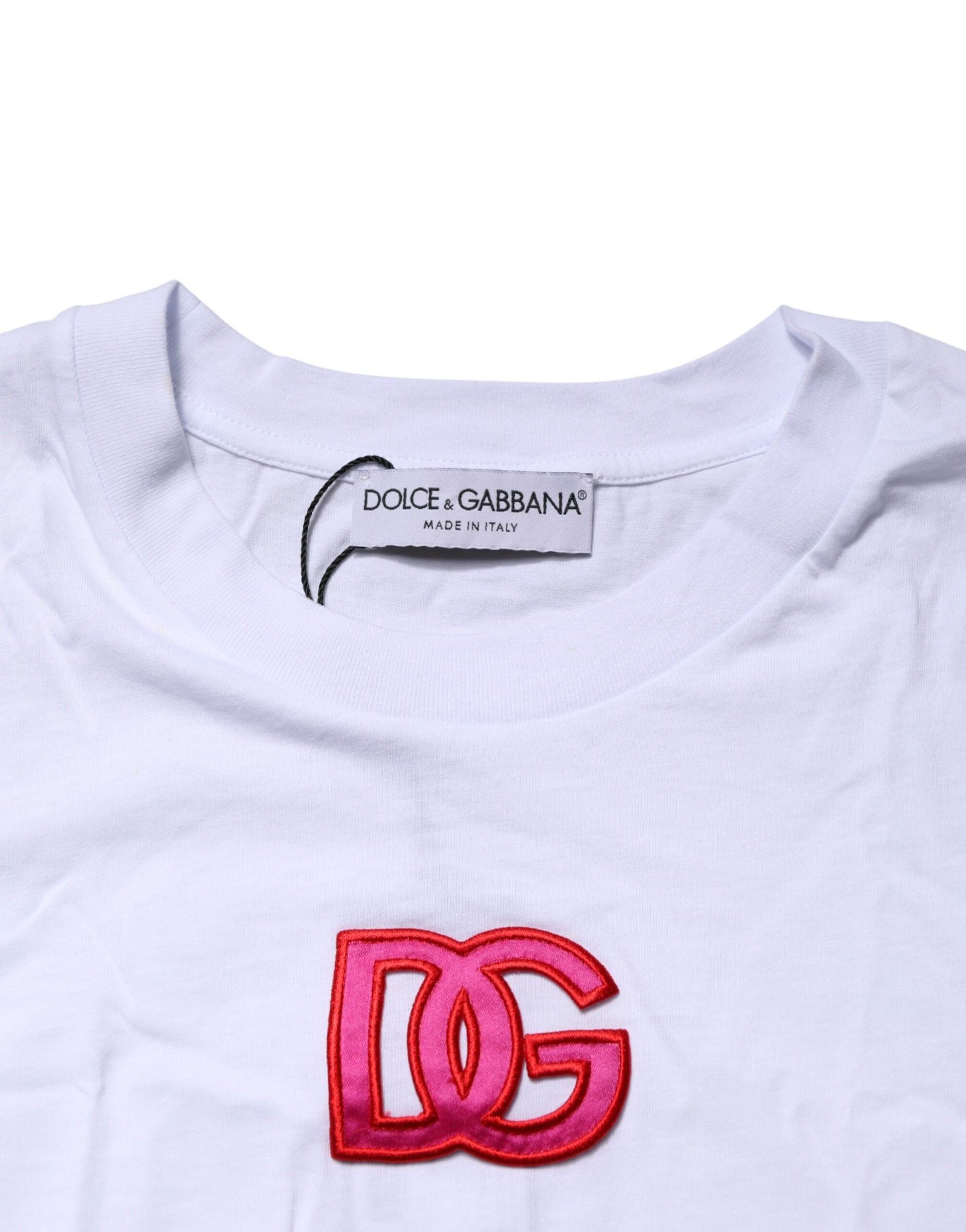 White t-shirt with red logo on front