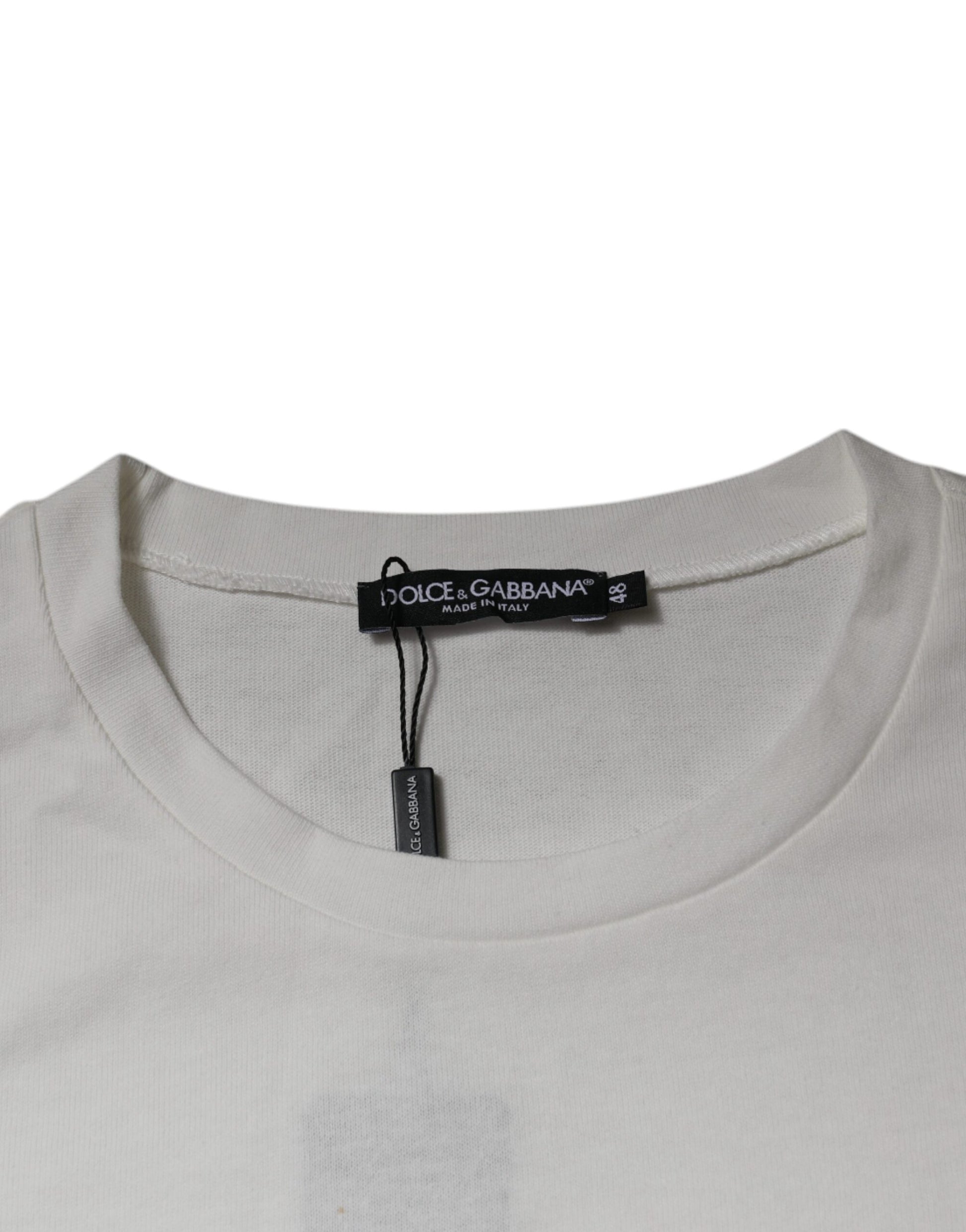 White t-shirt with black tag on neckline