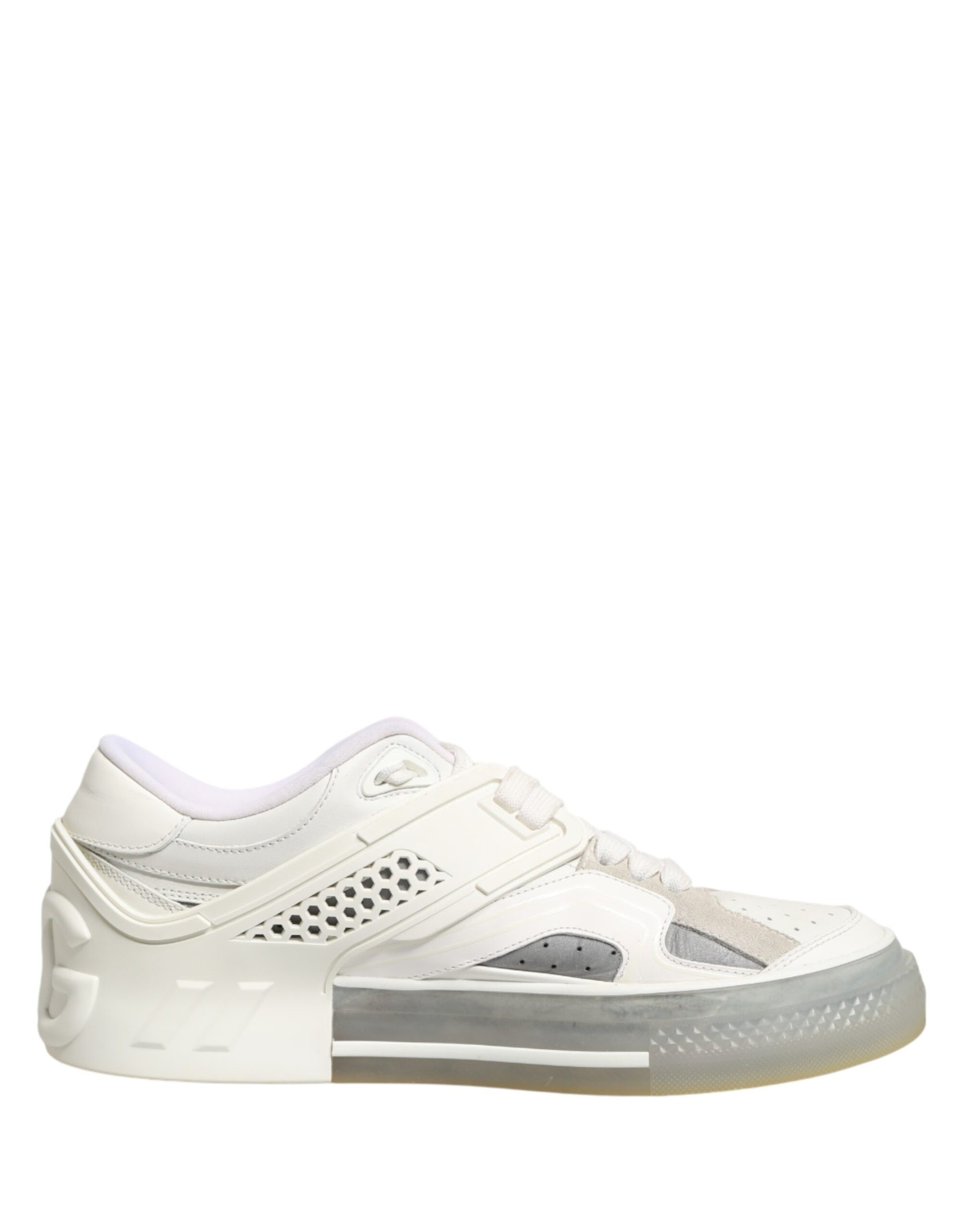 White sneaker with laces and a logo on the side