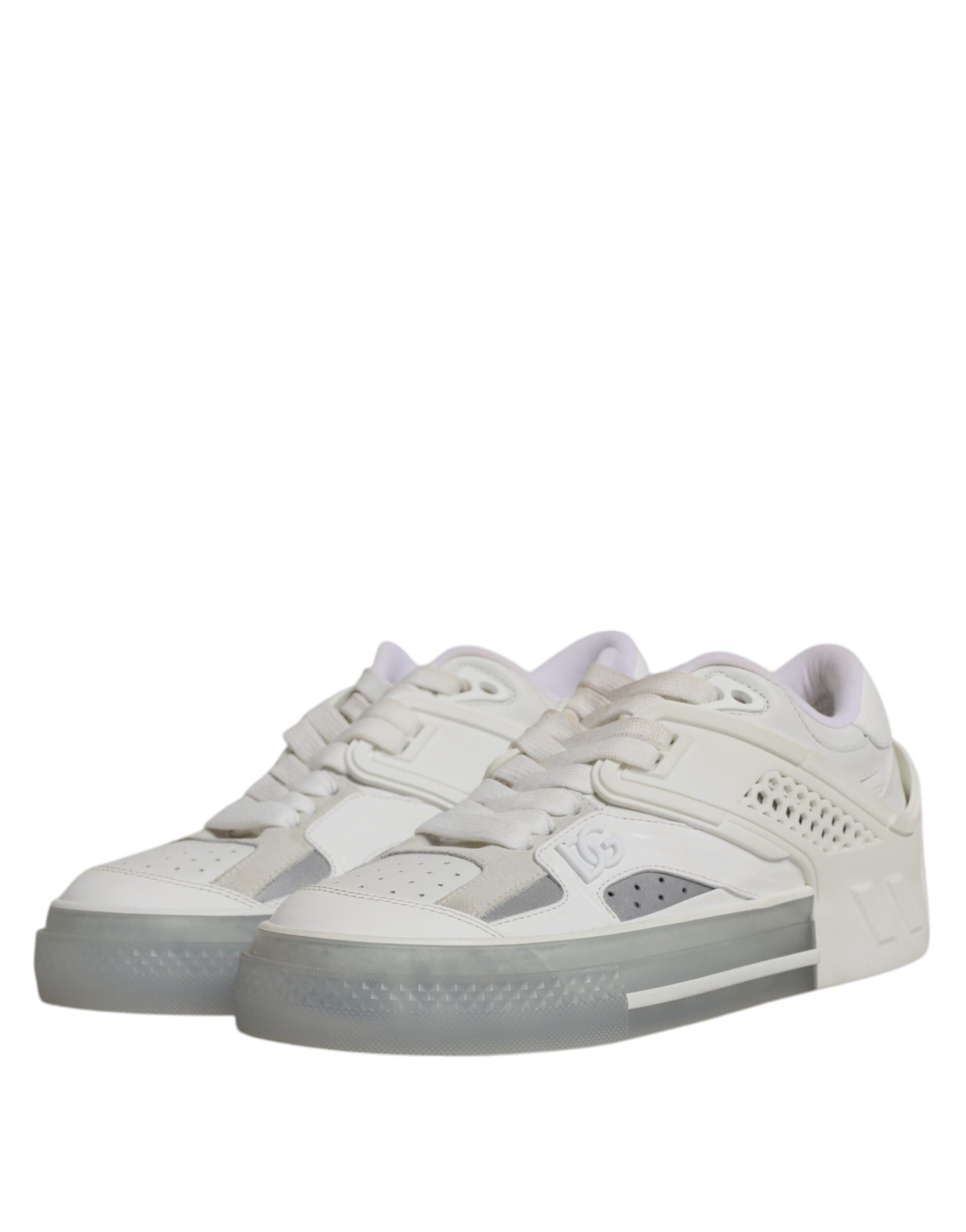 White sneakers with black laces and soles