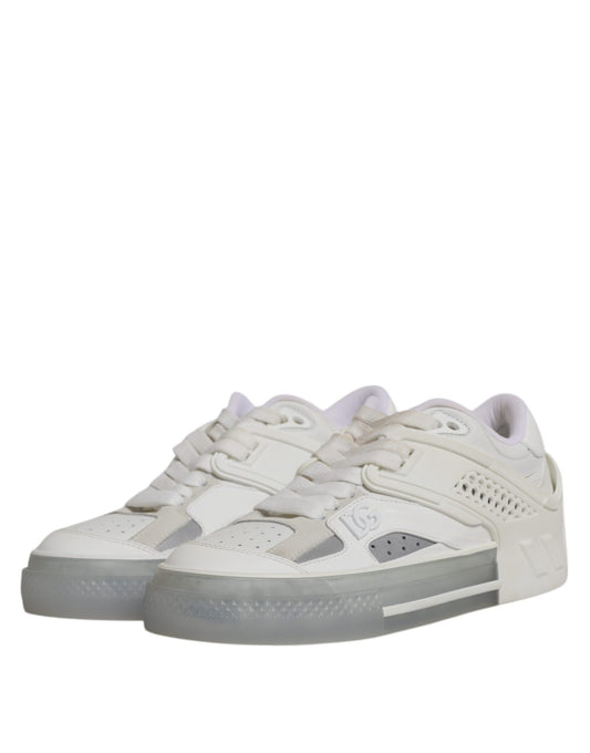 White sneakers with black laces and soles