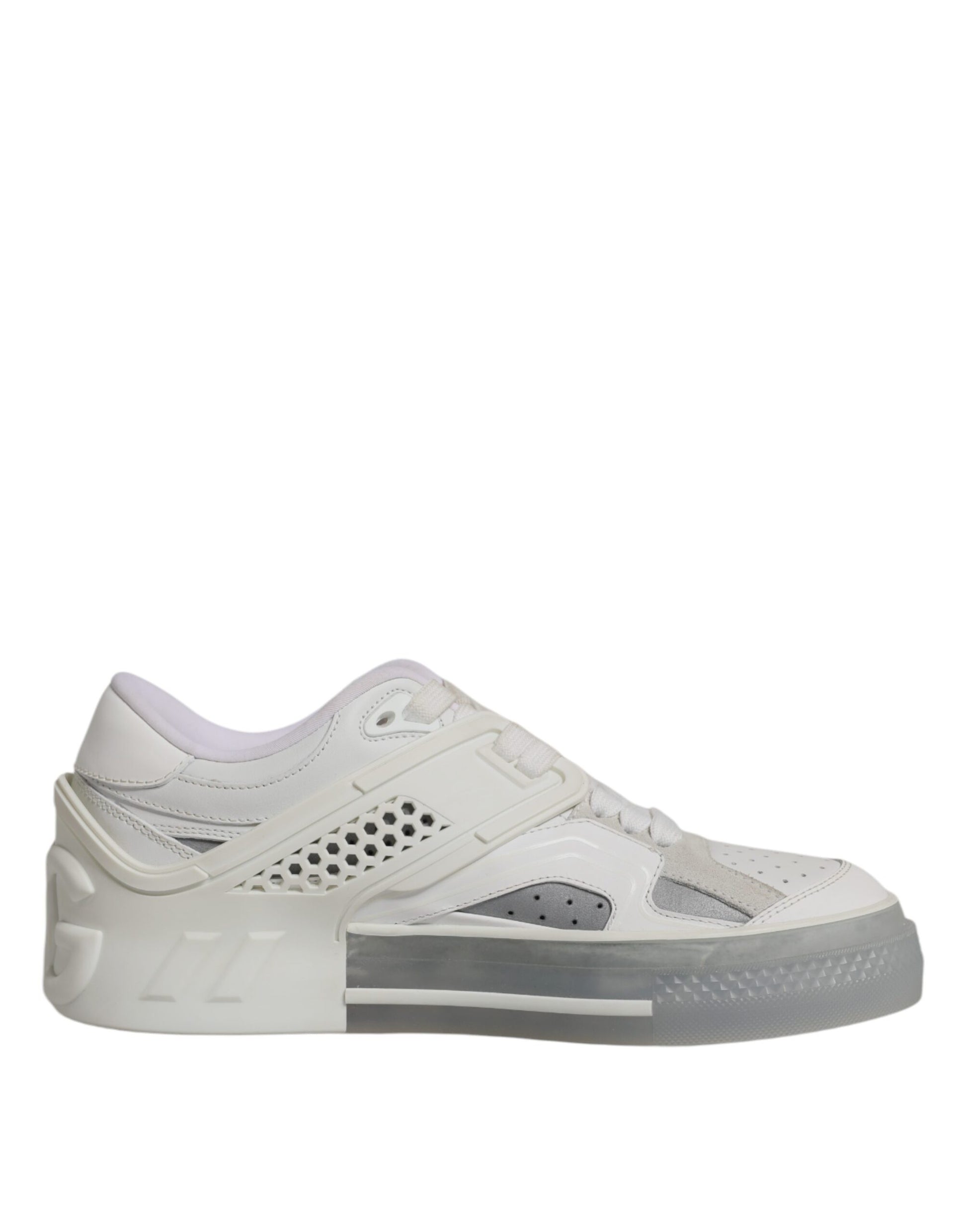White sneaker with black laces and a patterned sole
