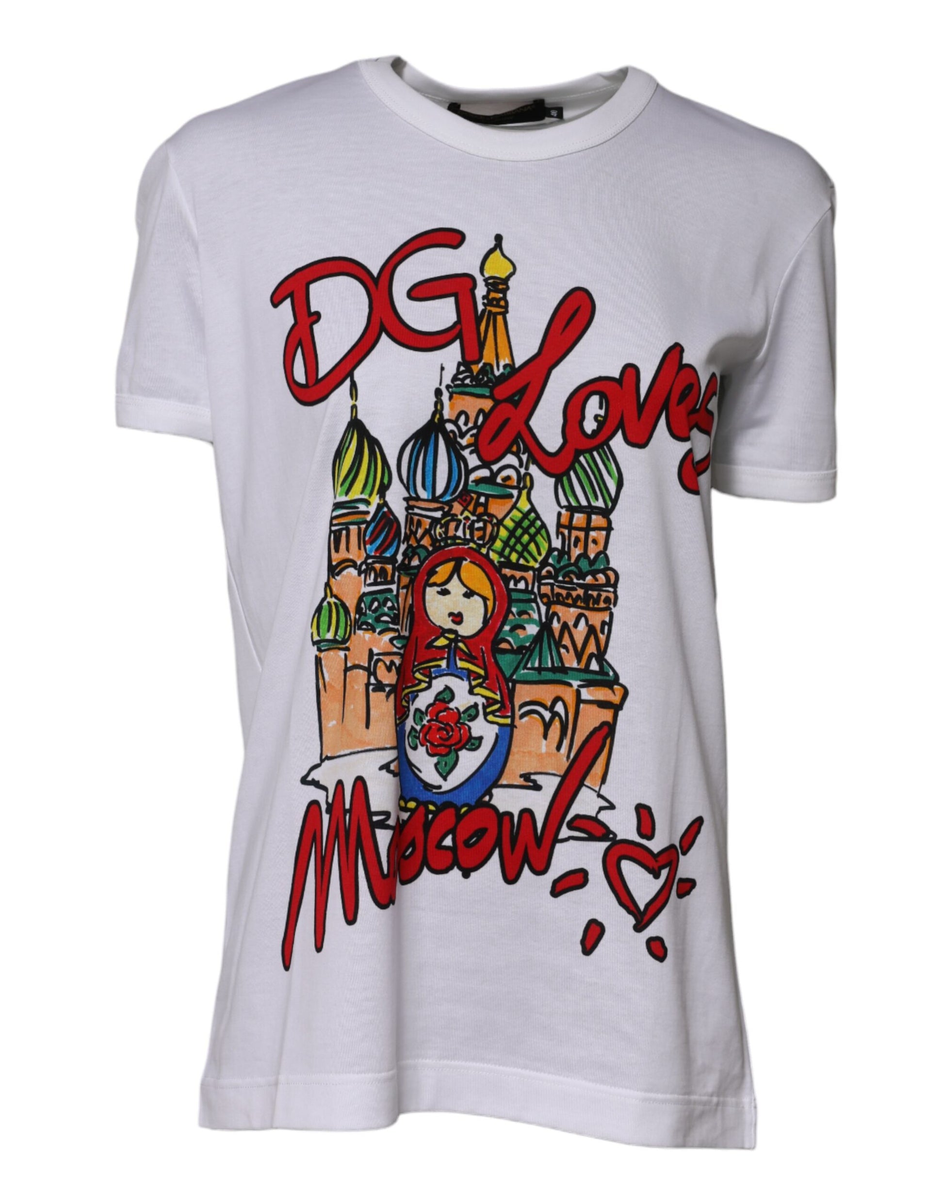 White t-shirt with graphic design featuring Moscow landmarks