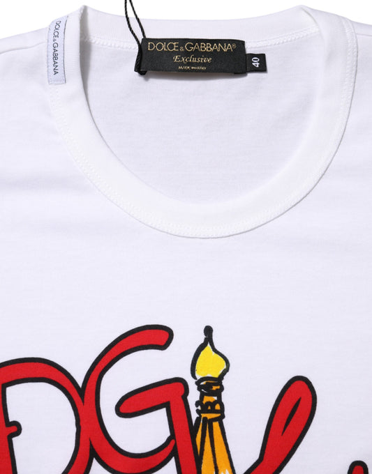 White t-shirt with red logo on front