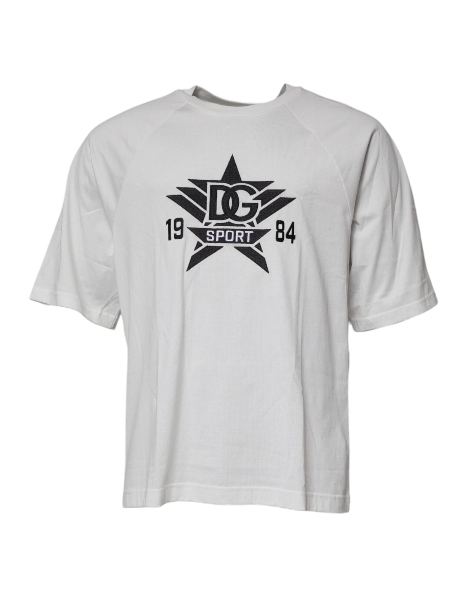 White t-shirt with black lettering and logo