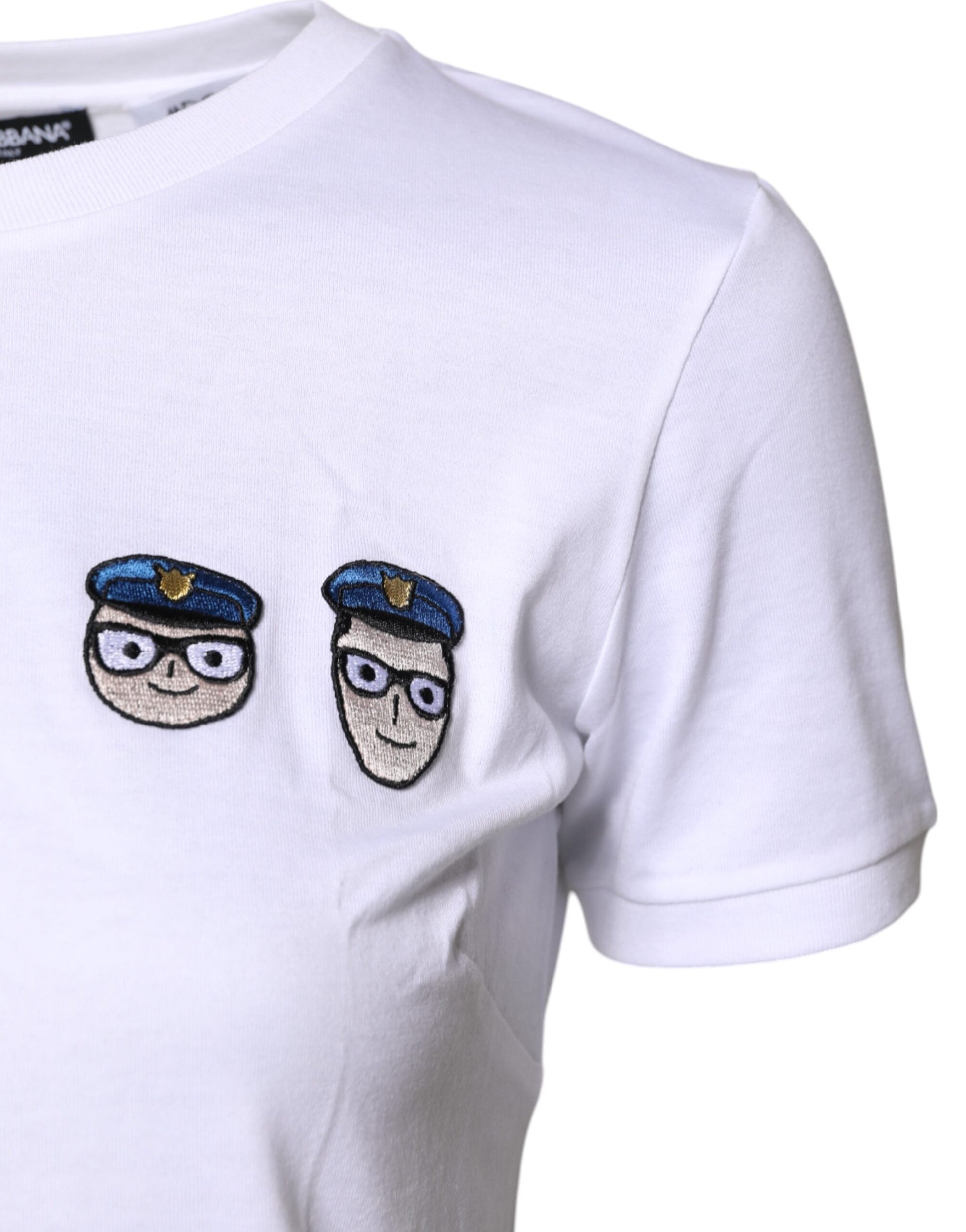 White t-shirt with embroidered cartoon police officers on front
