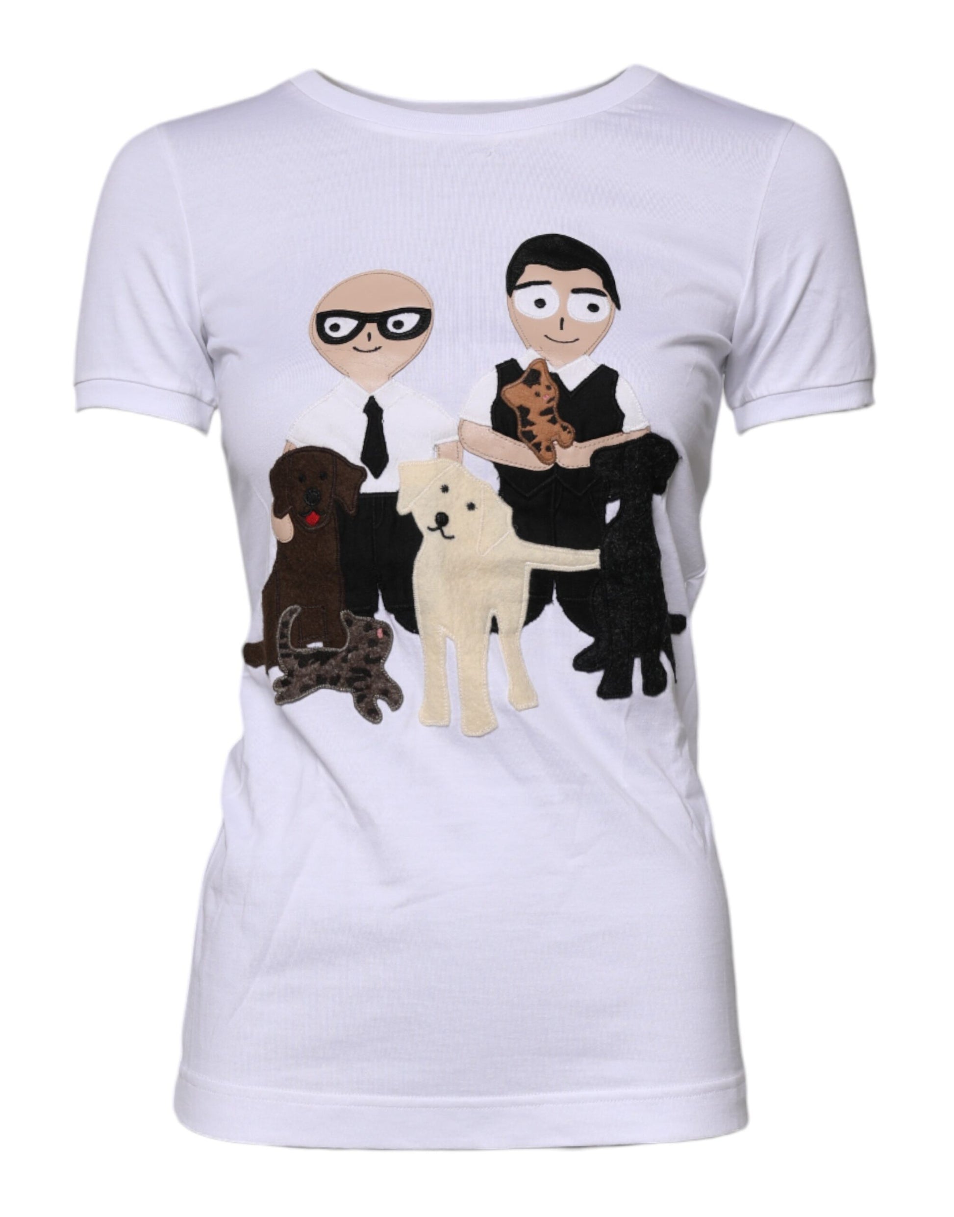 White t-shirt with cartoon dog and cat