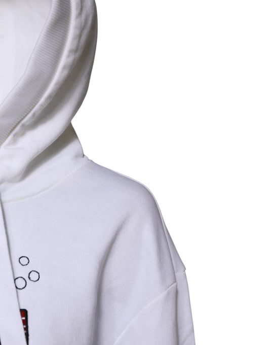 White hoodie with red logo on front