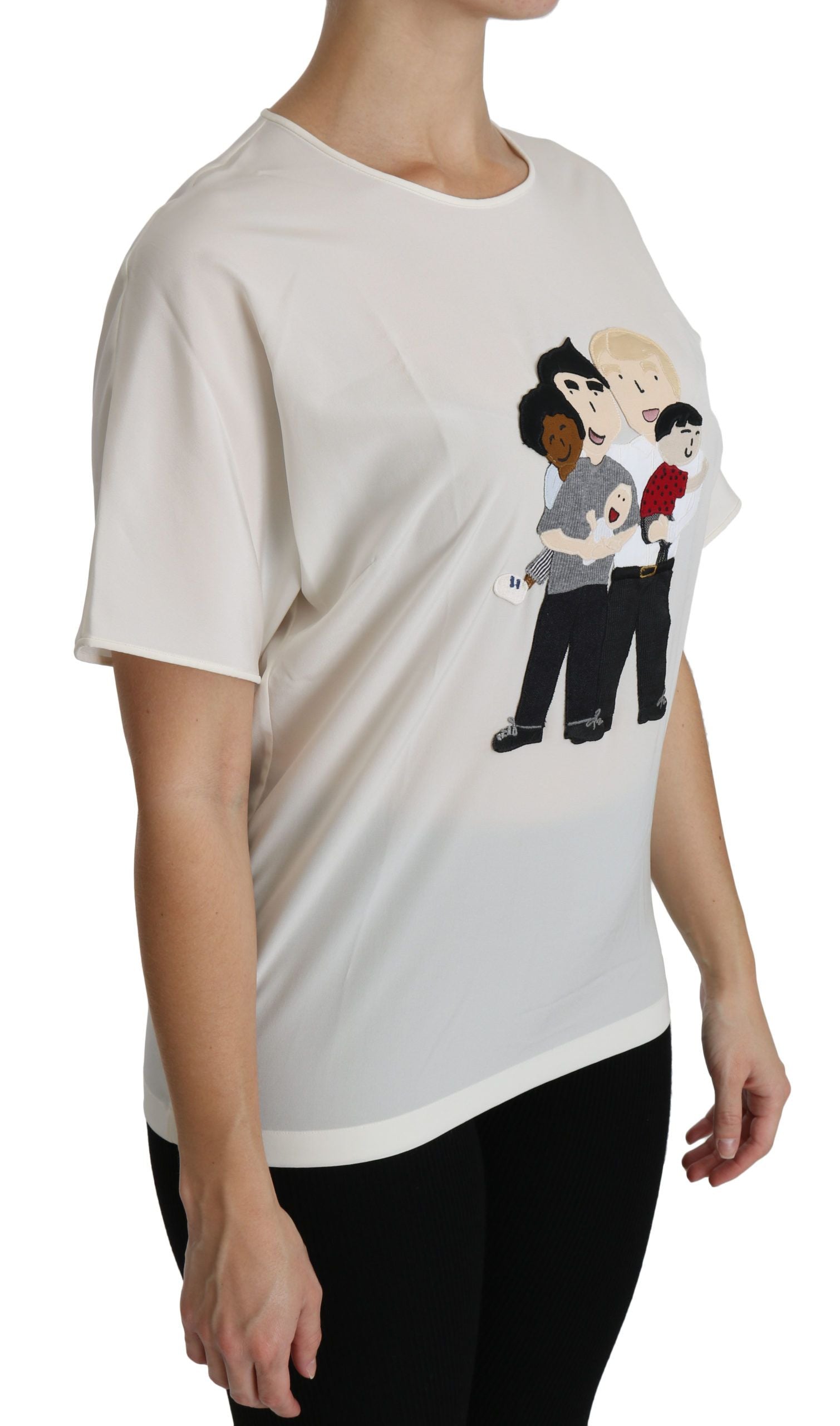 White t-shirt with cartoon graphic on front