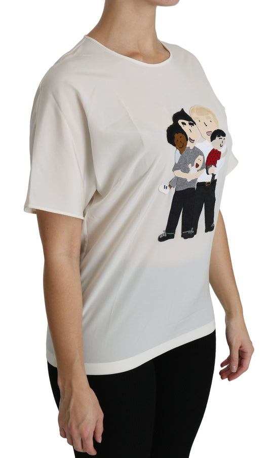 White t-shirt with cartoon graphic on front