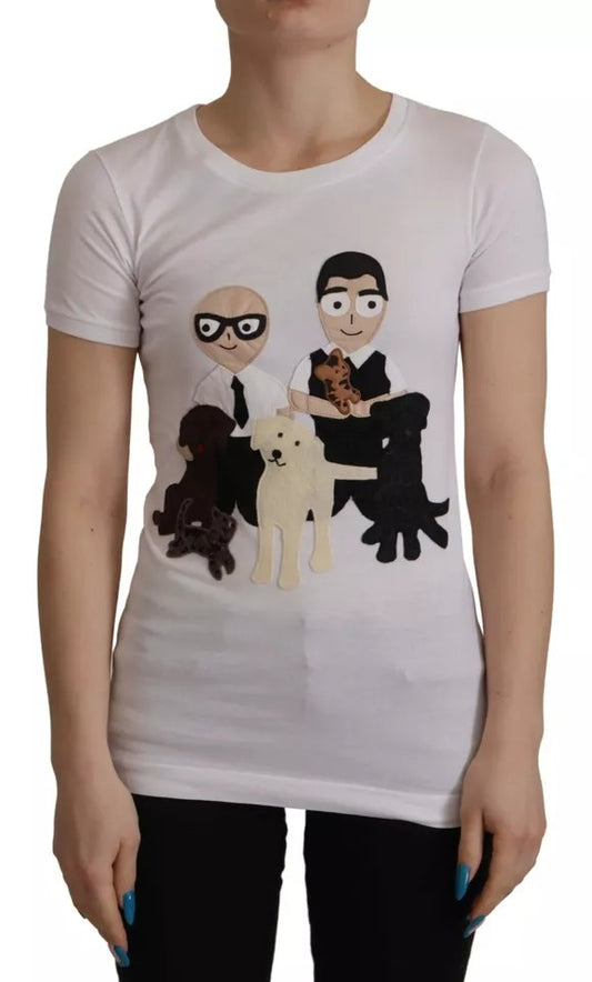 White t-shirt with cartoon design featuring a man, dog, cat, and bird
