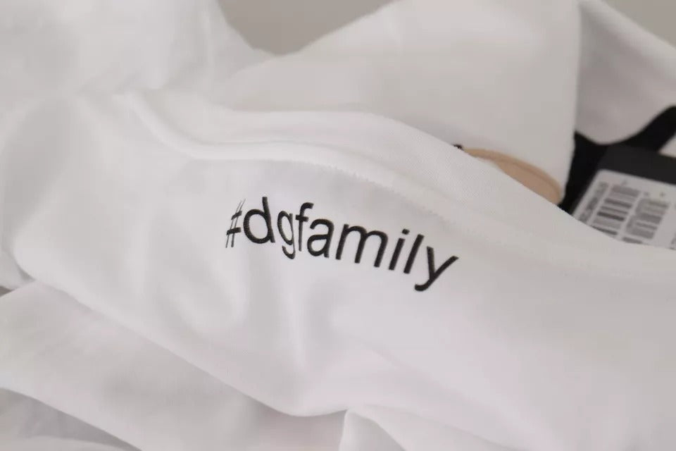 White baby onesie with black lettering