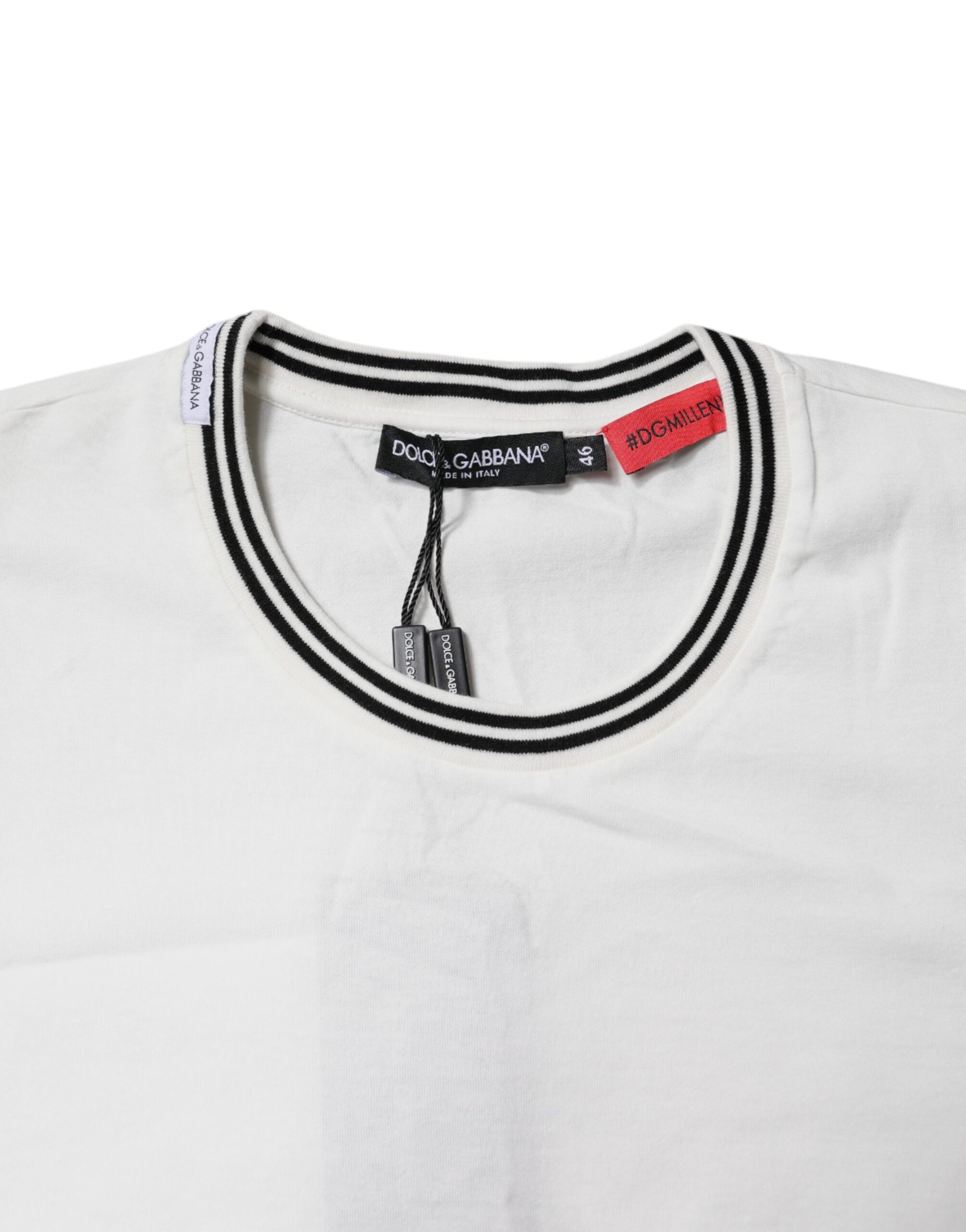 White t-shirt with black stripes on neckline