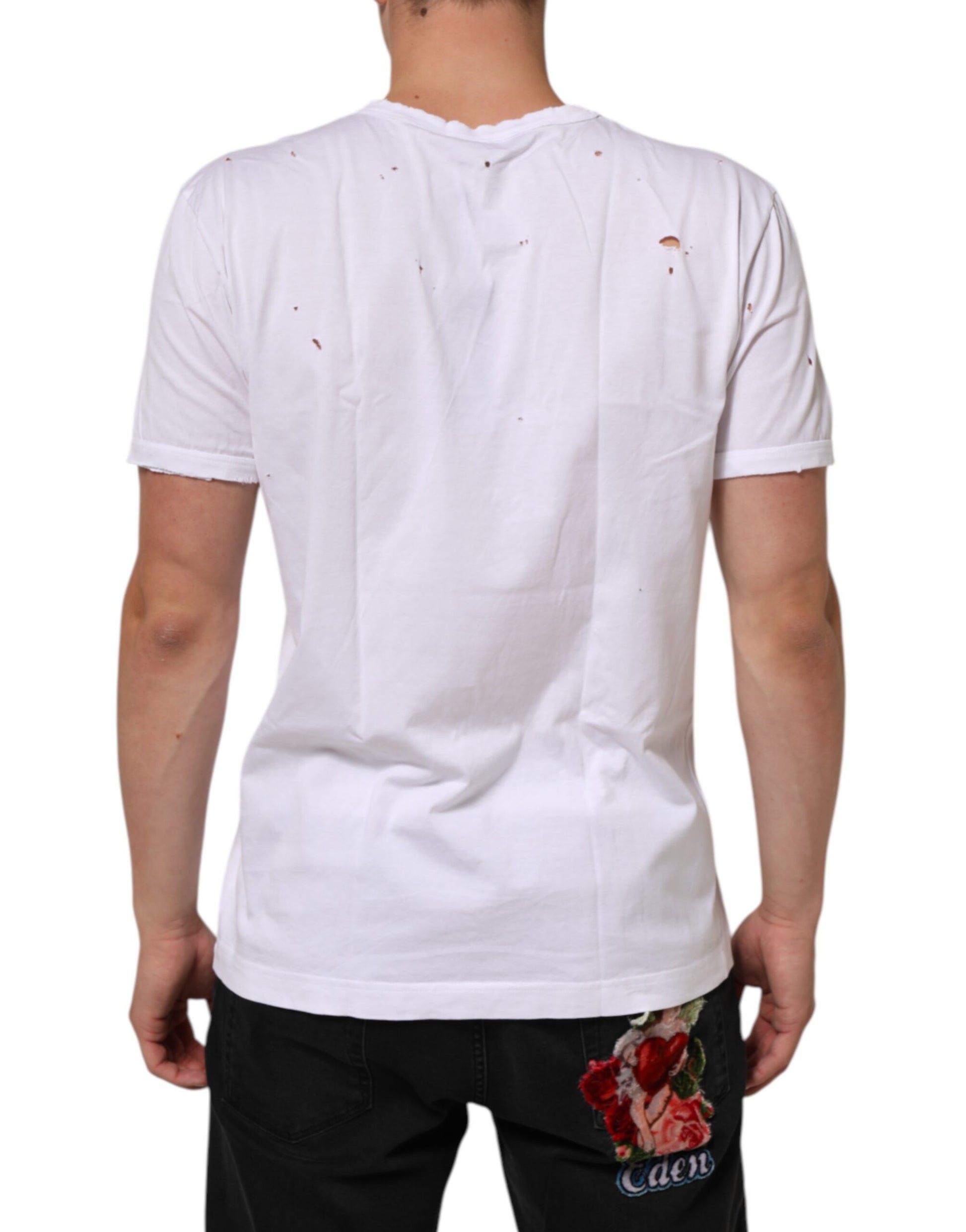 White t-shirt with graphic design on back