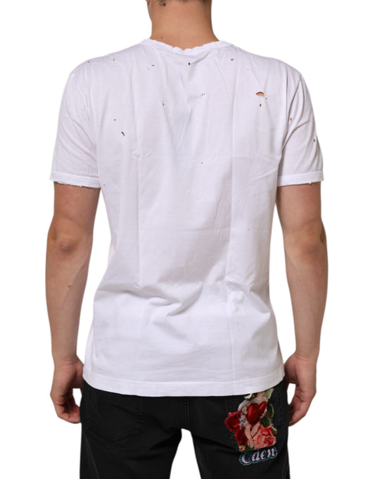 White t-shirt with graphic design on back